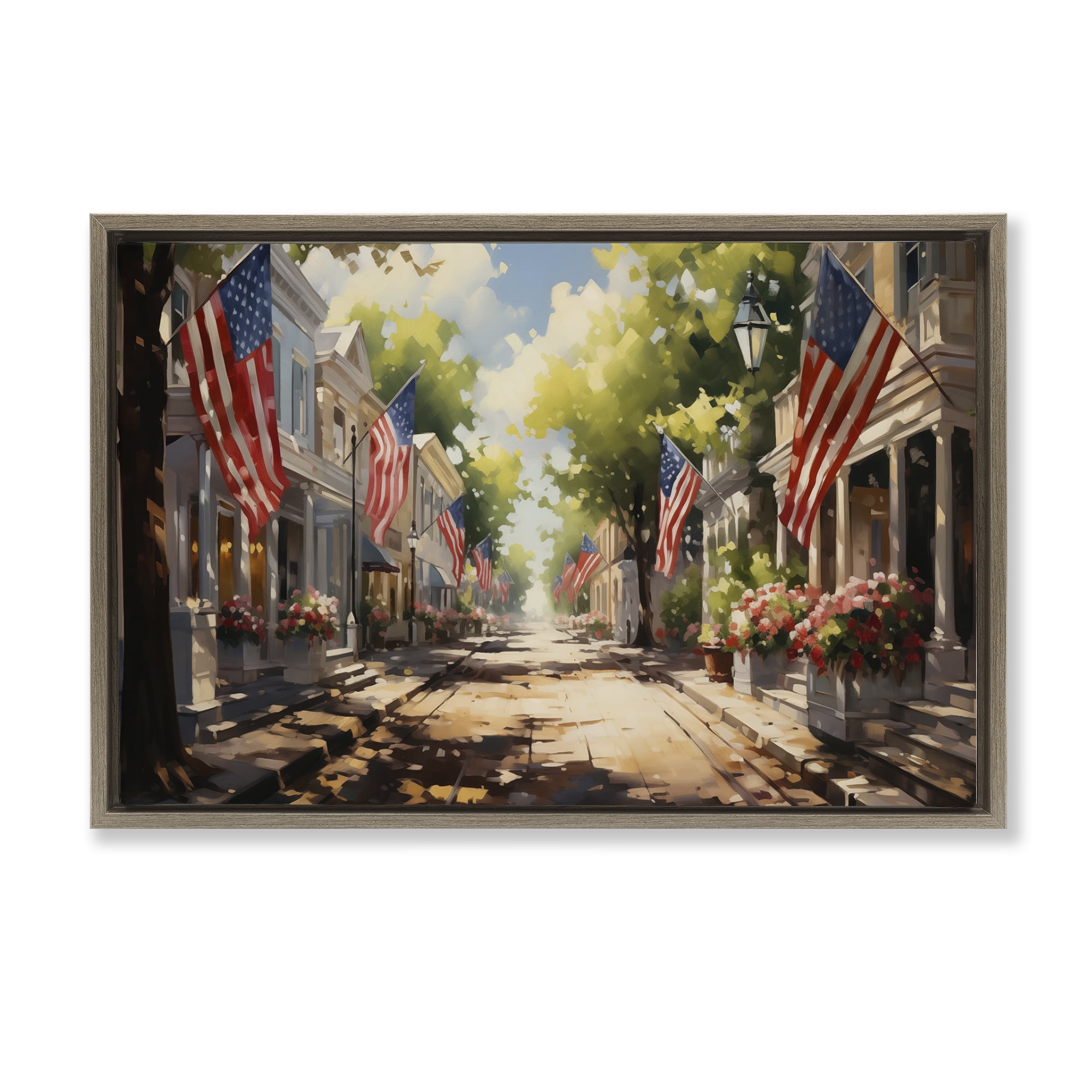 Stupell Industries American Flag Lined Street Scenic & Cityscapes Painting Brown Floater Framed Canvas Art Print Wall Art, 31 x 21