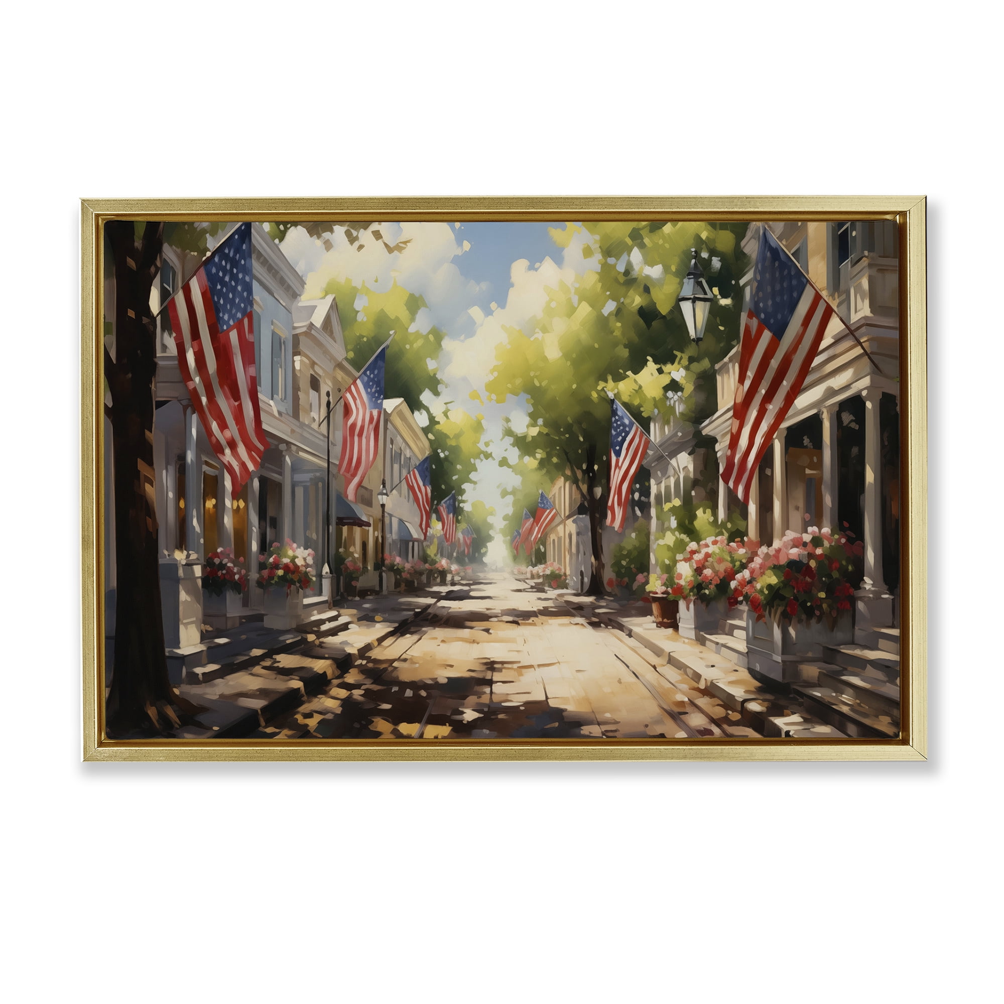 Stupell Industries American Flag Lined Street Scenic & Cityscapes Painting Gold Floater Framed Canvas Art Print Wall Art, 31 x 21