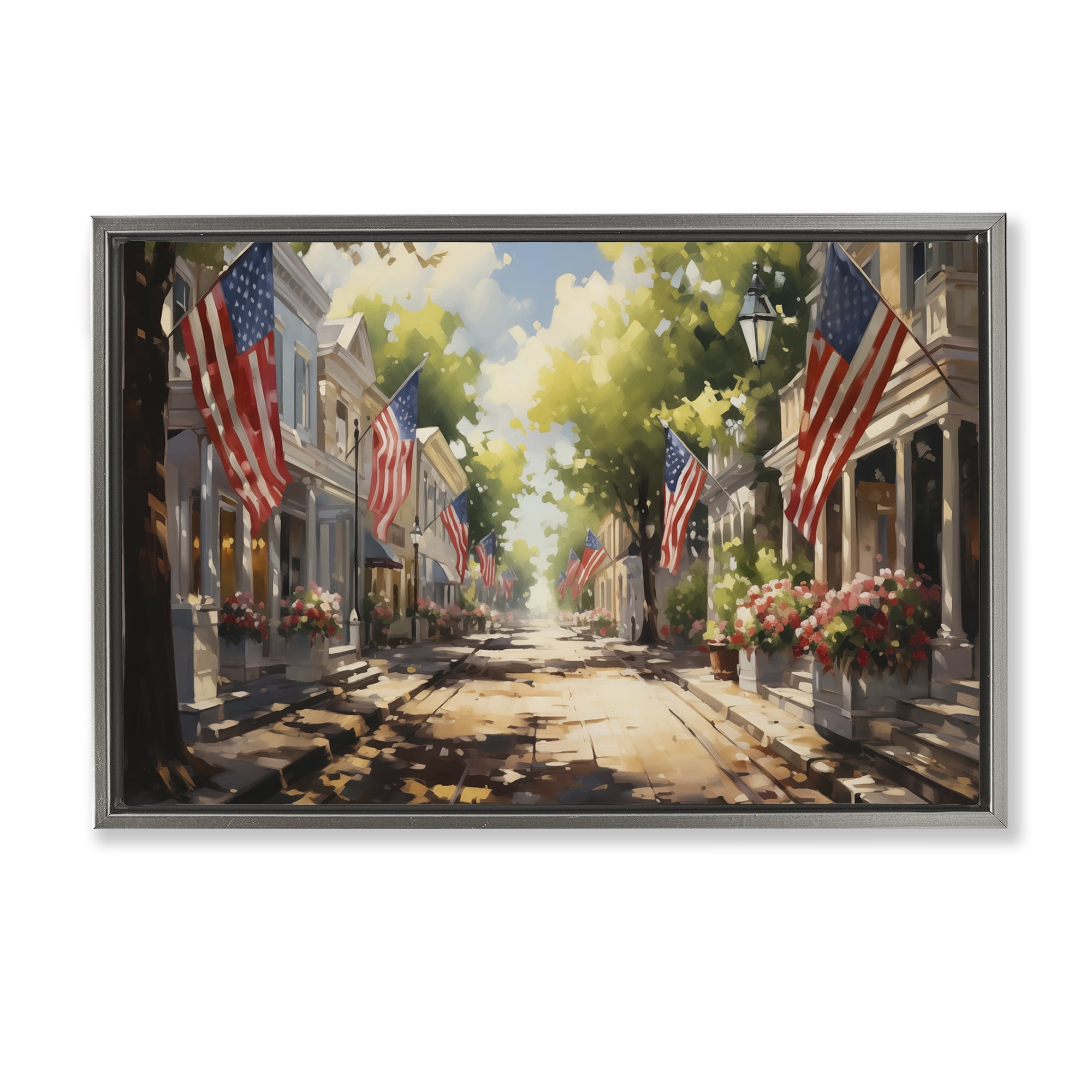 Stupell Industries American Flag Lined Street Scenic & Cityscapes Painting Gray Floater Framed Canvas Art Print Wall Art, 25 x 17