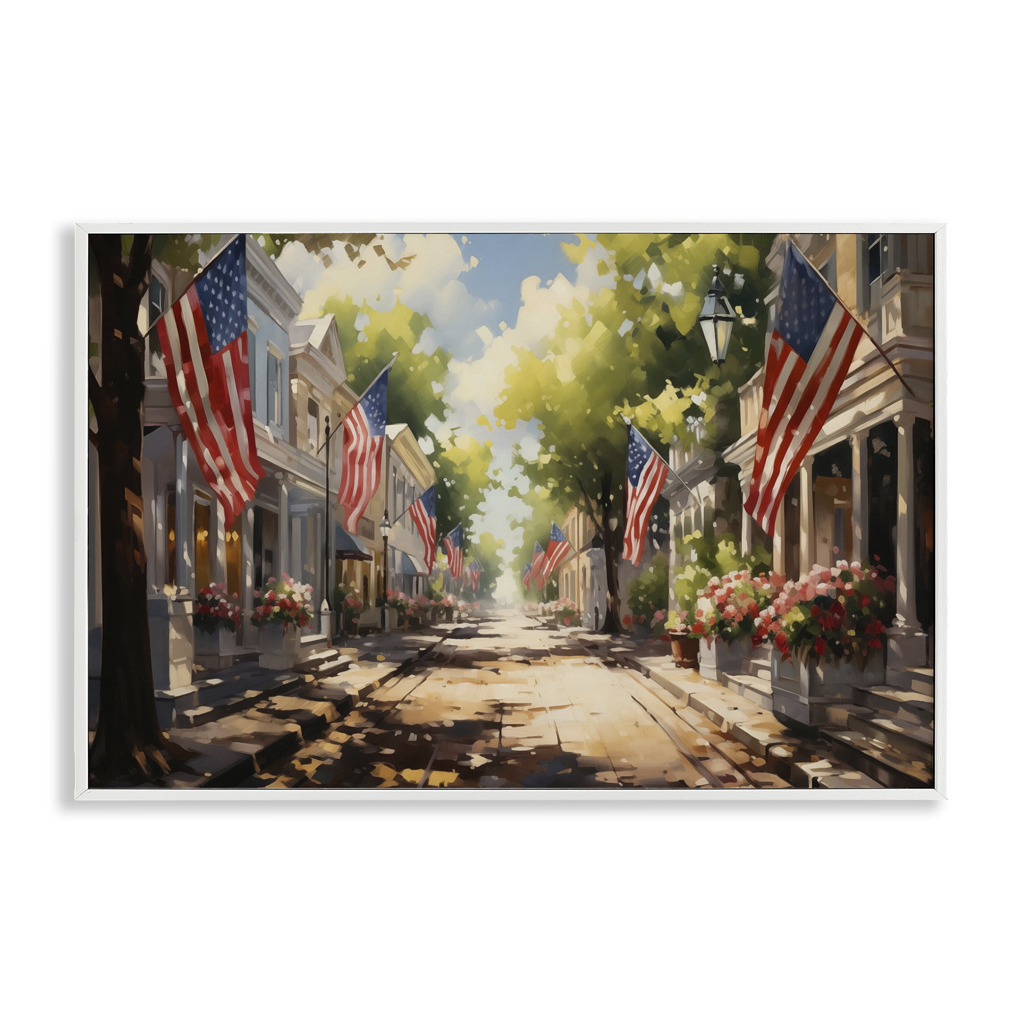 Stupell Industries American Flag Lined Street Scenic & Cityscapes Painting White Framed Art Print Wall Art, 24 x 16