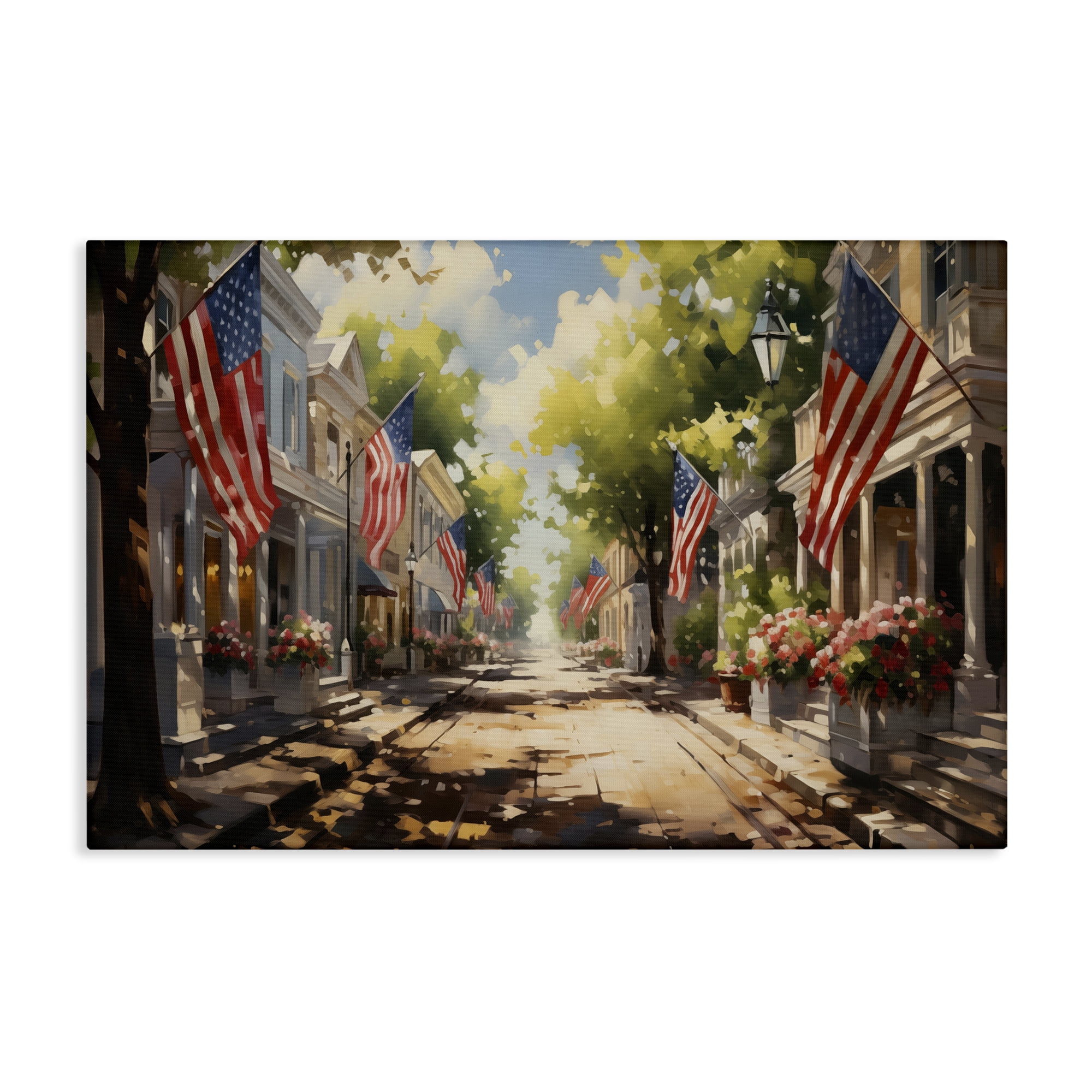 Stupell Industries American Flag Lined Street Scenic & Cityscapes Painting Wrapped Canvas Art Print Wall Art, 30 x 20