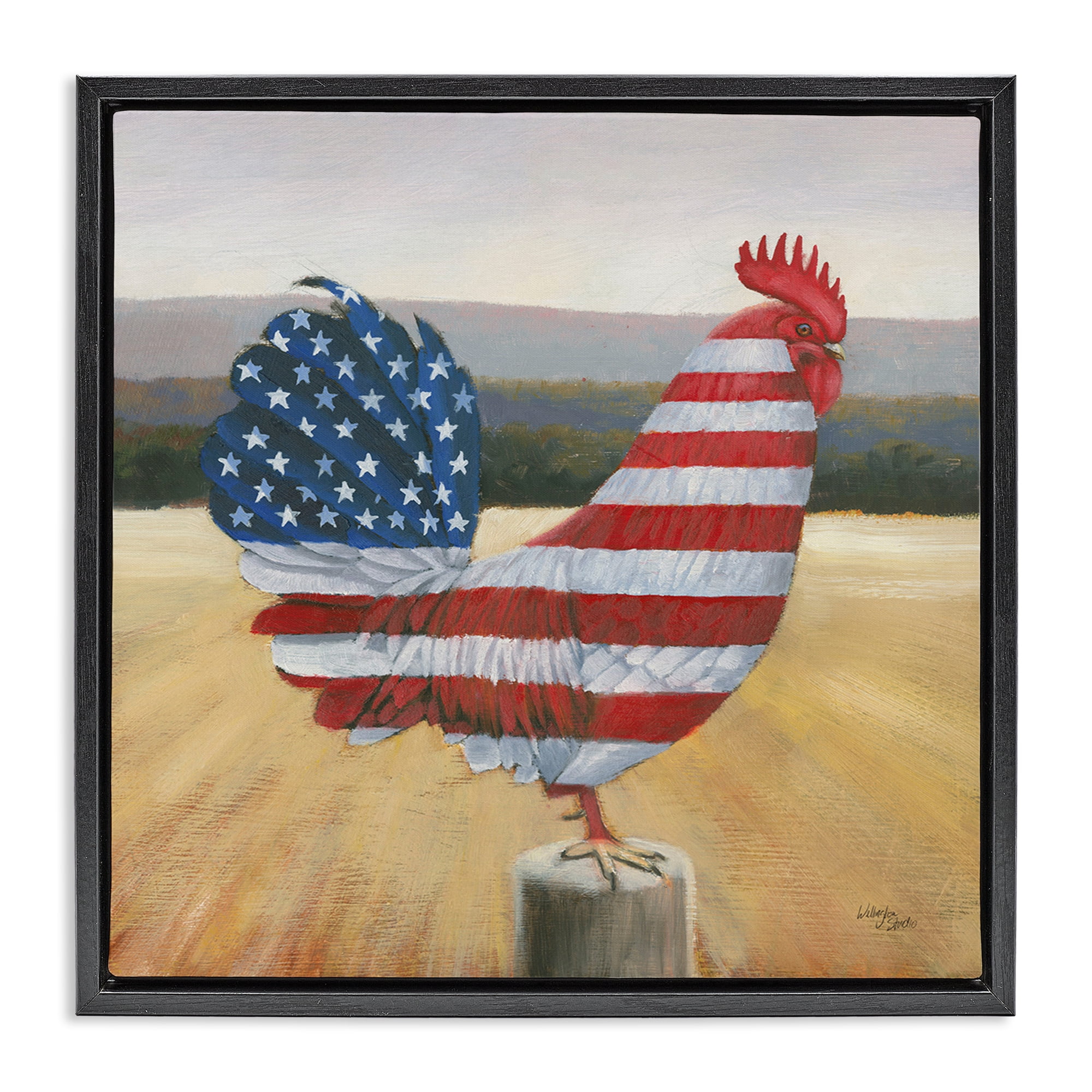 Stupell Industries American Flag Rooster Animals & Insects Painting Black Floater Framed Canvas Art Print Wall Art, 18 x 18