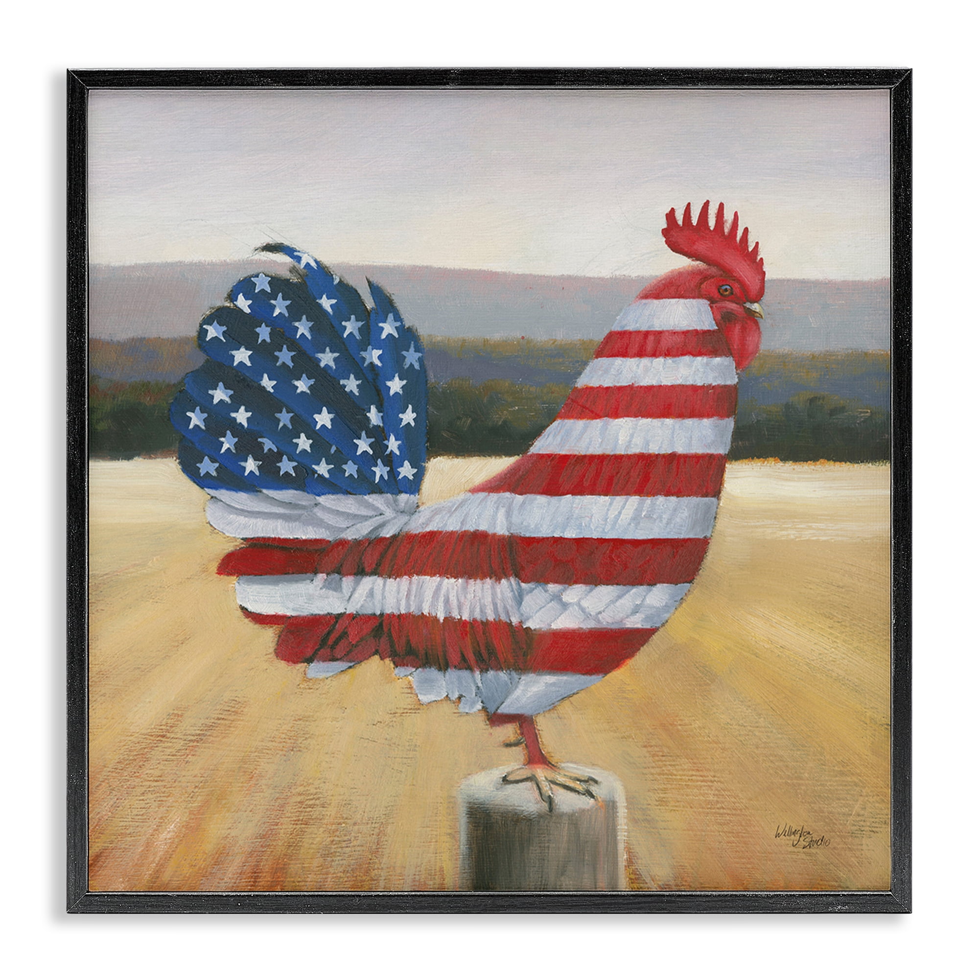 Stupell Industries American Flag Rooster Animals & Insects Painting Black Framed Art Print Wall Art, 24 x 24