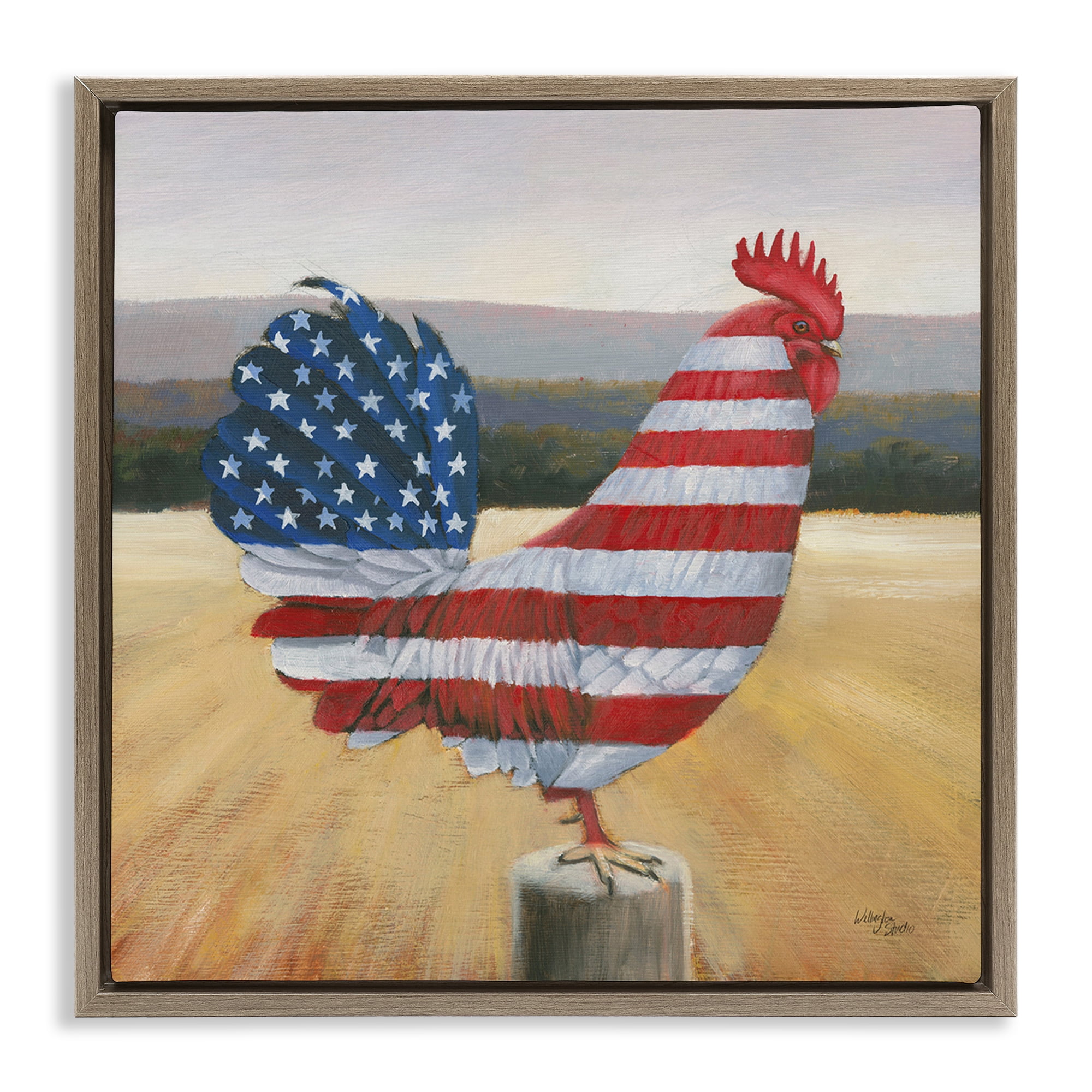 Stupell Industries American Flag Rooster Animals & Insects Painting Brown Floater Framed Canvas Art Print Wall Art, 18 x 18