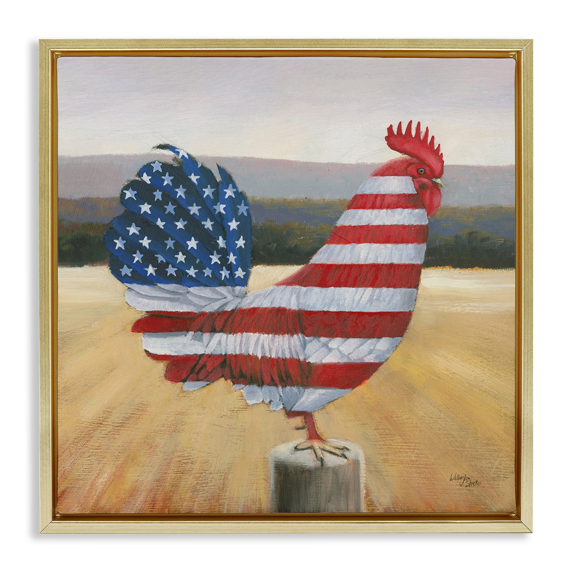 Stupell Industries American Flag Rooster Animals & Insects Painting Gold Floater Framed Canvas Art Print Wall Art, 25 x 25