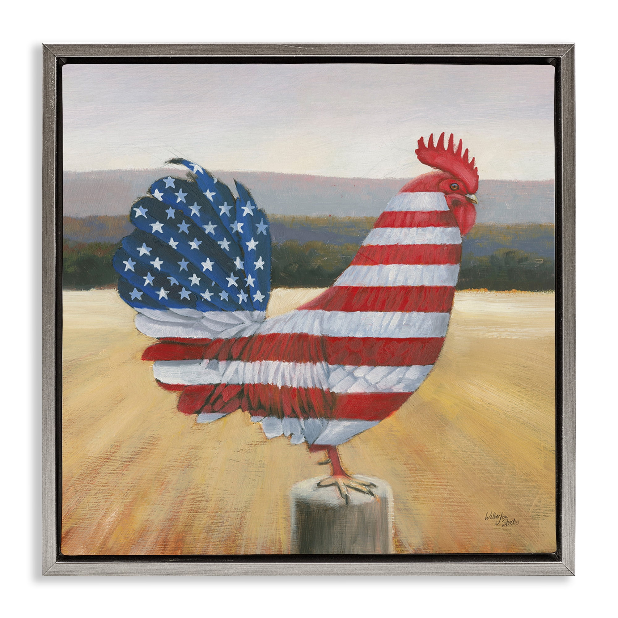 Stupell Industries American Flag Rooster Animals & Insects Painting Gray Floater Framed Canvas Art Print Wall Art, 18 x 18