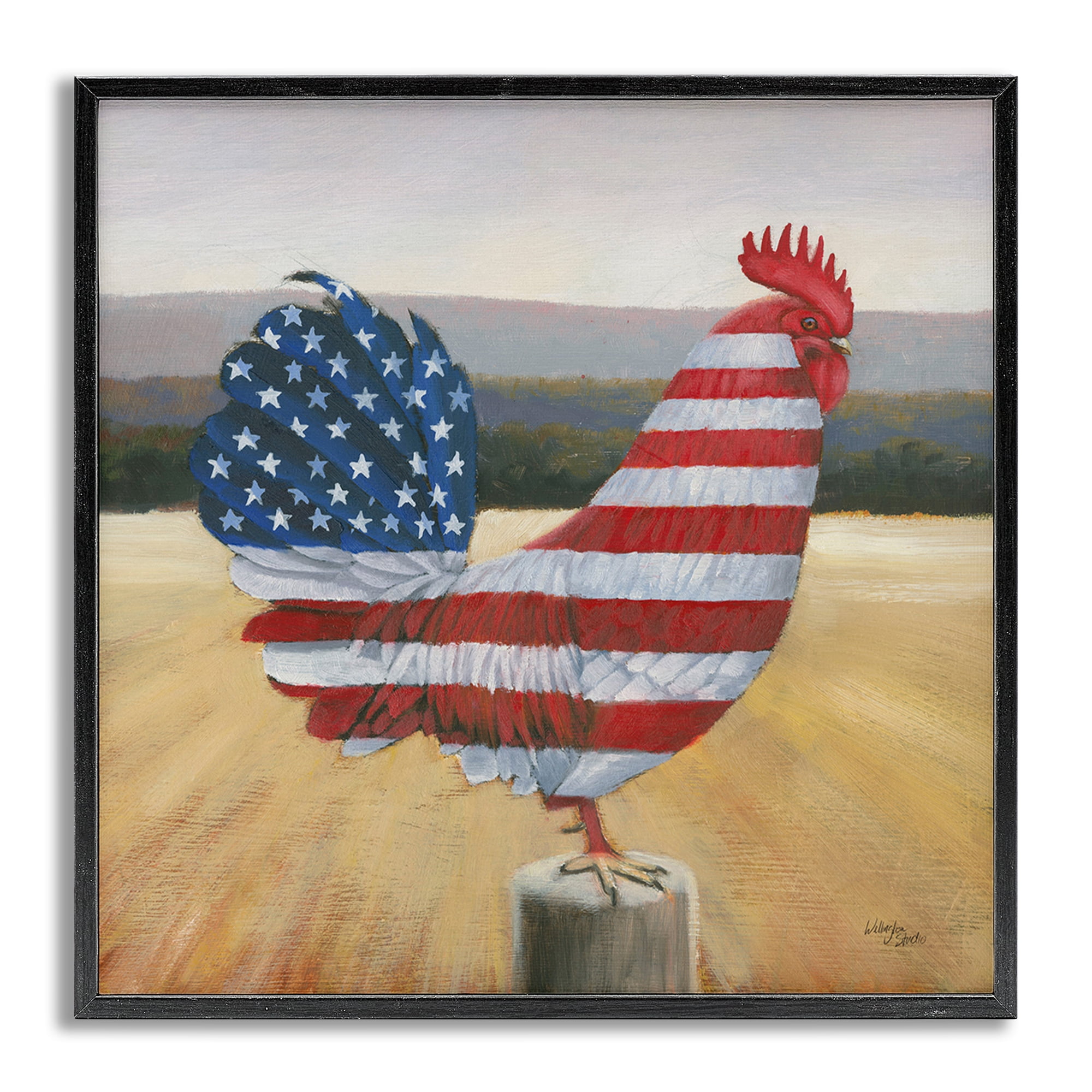 Stupell Industries American Flag Rooster Animals & Insects Painting Gray Framed Art Print Wall Art, 12 x 12