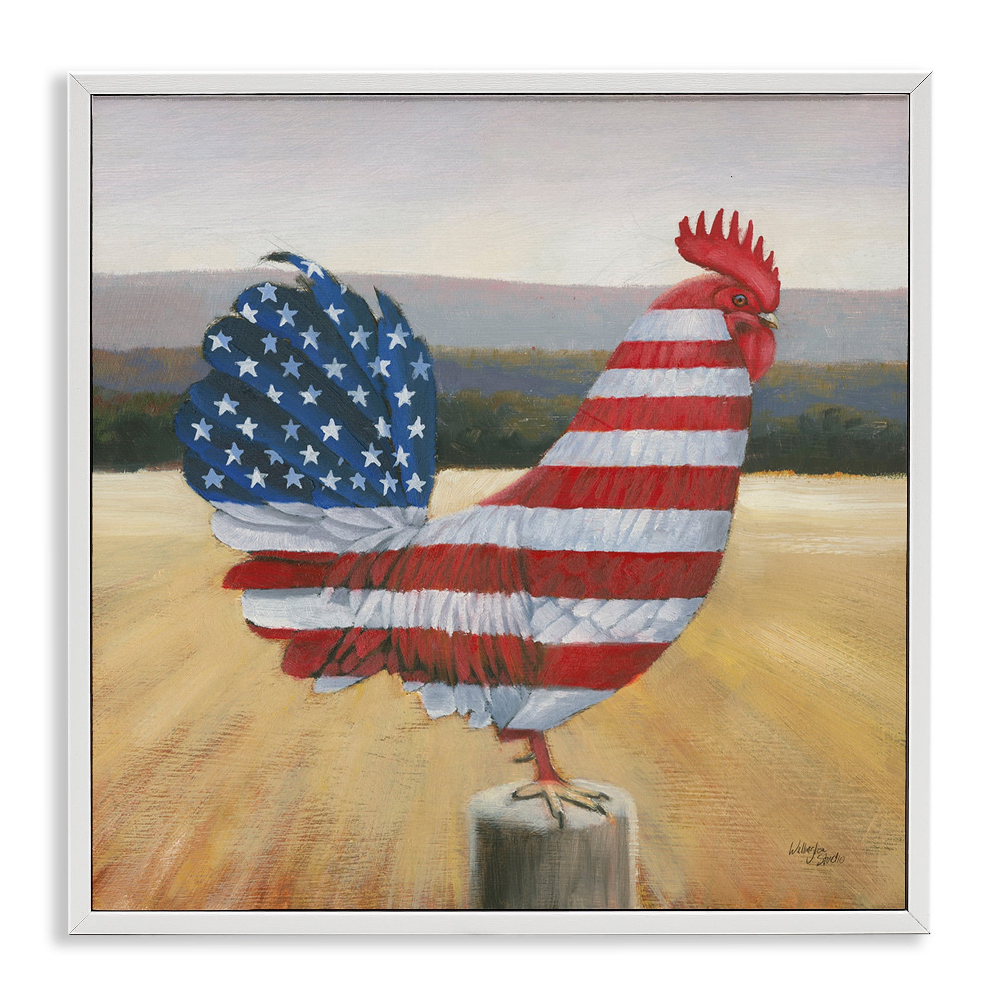 Stupell Industries American Flag Rooster Animals & Insects Painting White Framed Art Print Wall Art, 17 x 17