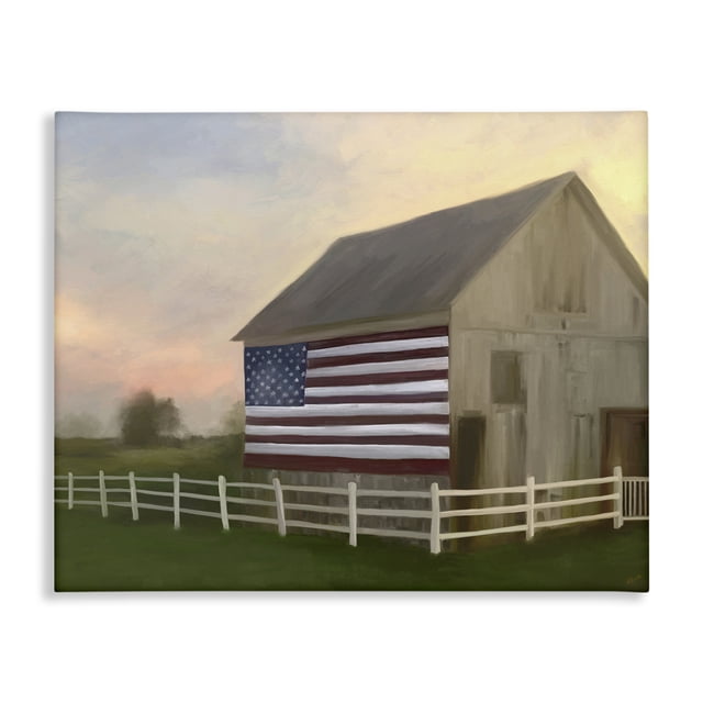 Stupell Industries Traditional American Flag Rural Barn Sunset Farm ...