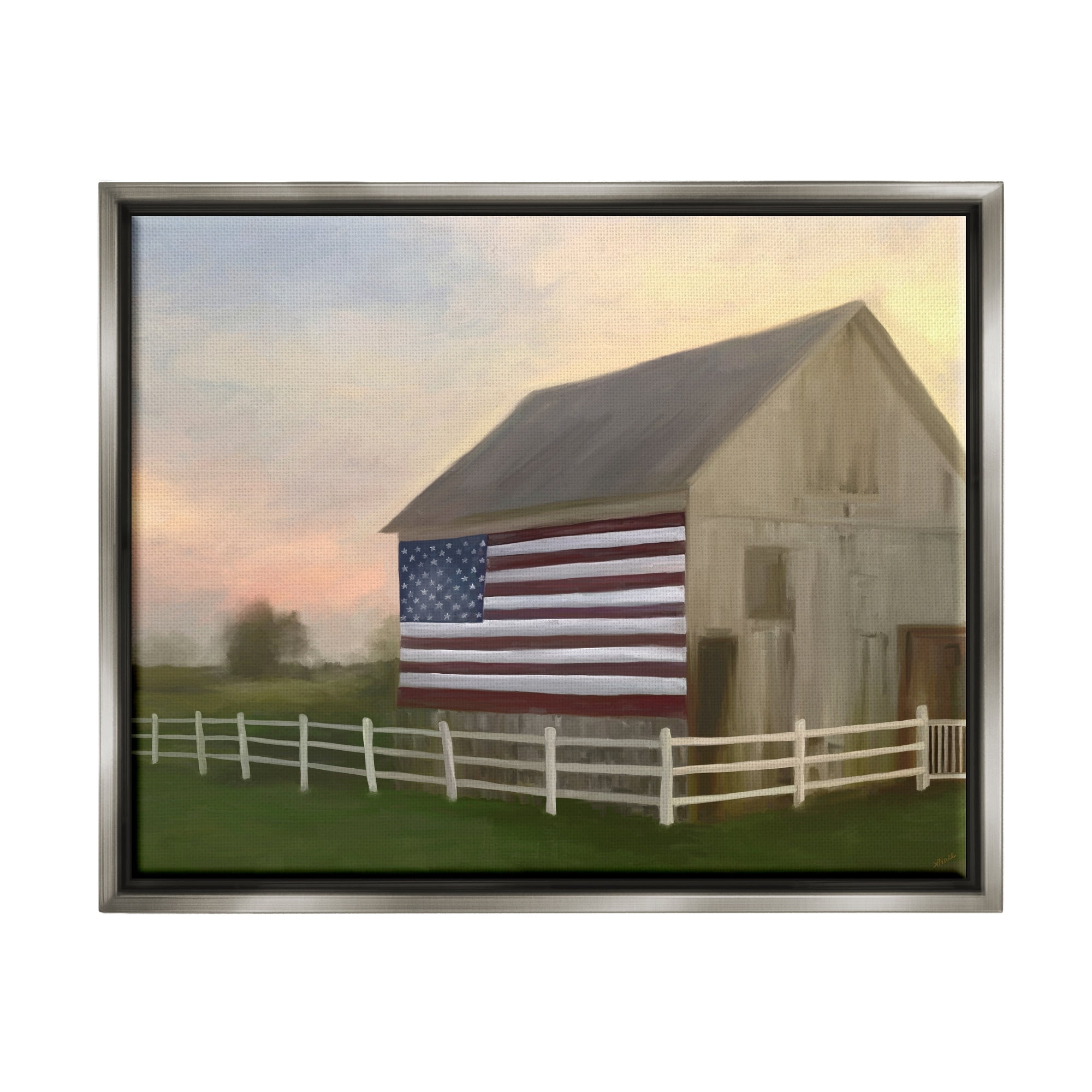 Stupell Industries American Flag Rural Barn Sunset Farm Landscape Painting Luster Gray Floating Framed Canvas Print Wall Art, Design by Amy Hall