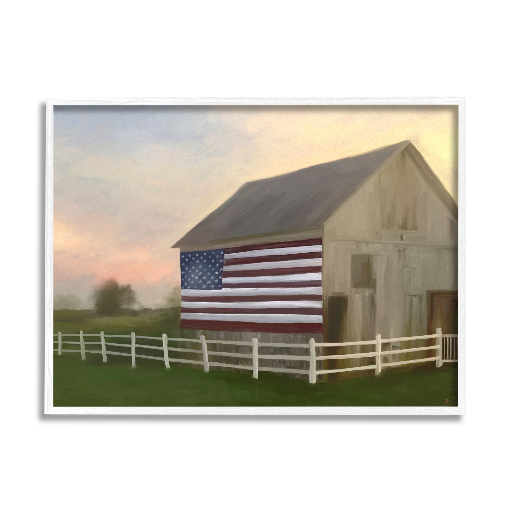 Stupell Industries American Flag Rural Barn Sunset Farm Landscape Painting White Framed Art Print Wall Art, Design by Amy Hall