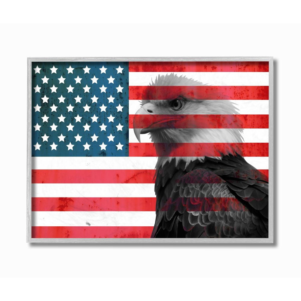 Stupell Industries American Flag USA Rustic Bald Eagle Design Gray Farmhouse Rustic Framed Giclee Texturized Art by Daniel Sproul