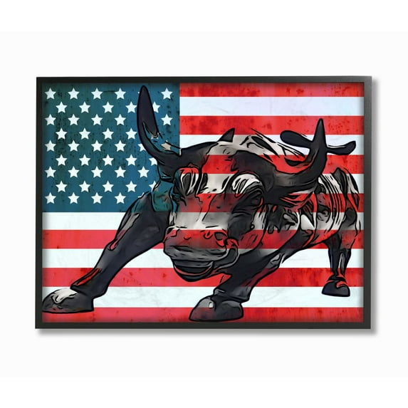 Stupell Industries American Flag USA Rustic Bull Design Framed Giclee Texturized Art by Daniel Sproul
