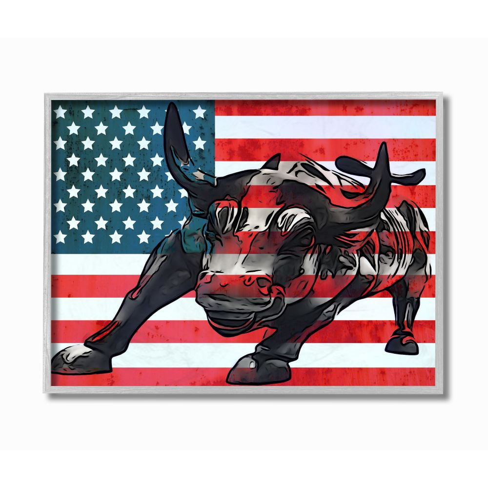 Stupell Industries American Flag USA Rustic Bull Design Gray Farmhouse Rustic Framed Giclee Texturized Art by Daniel Sproul