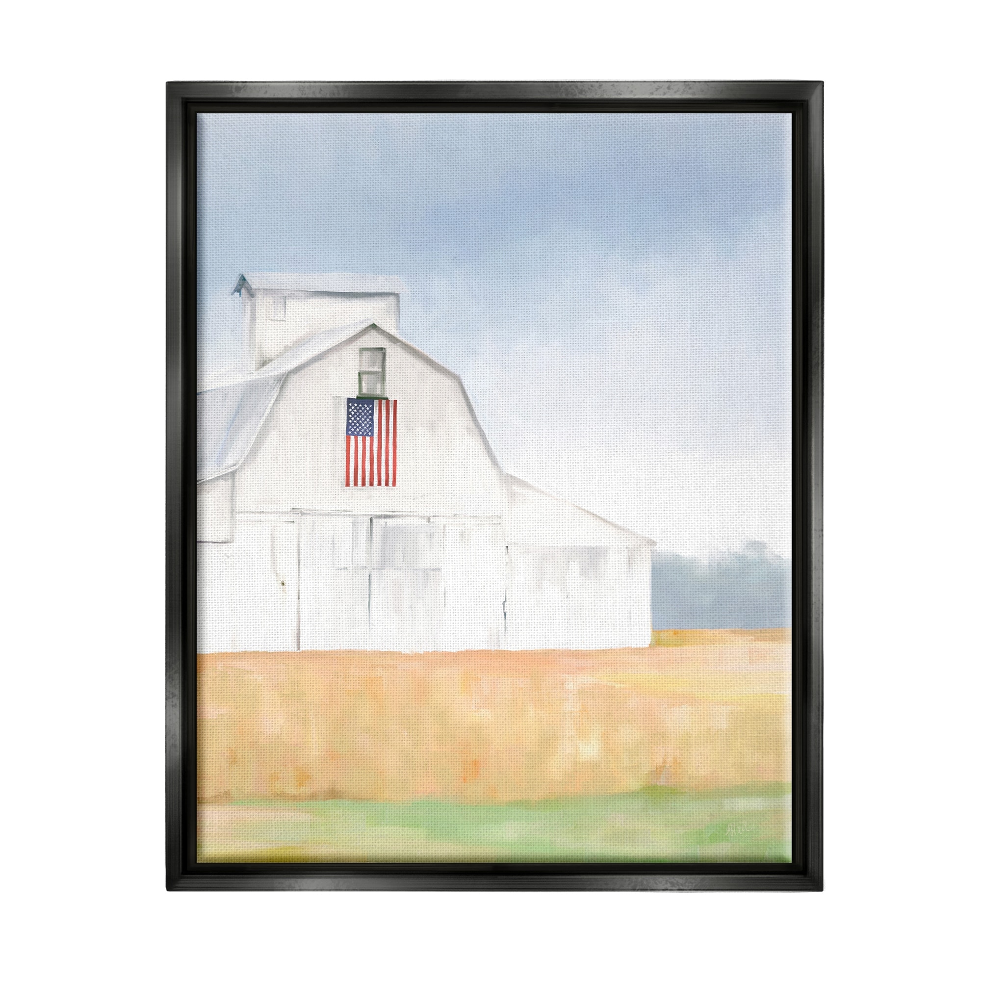 Stupell Industries American Flag White Country Barn Rural Scenery Painting Jet Black Floating Framed Canvas Print Wall Art, Design by Amy Hall