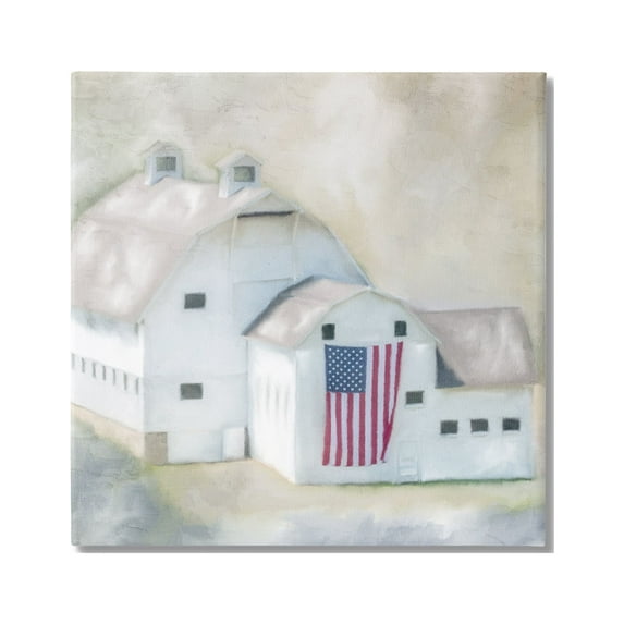 Stupell Industries American Flag White Farmhouse Barn Rural Countryside Modern Painting Gallery-Wrapped Canvas Print Wall Art, 17 x 17, Design by Kim Allen