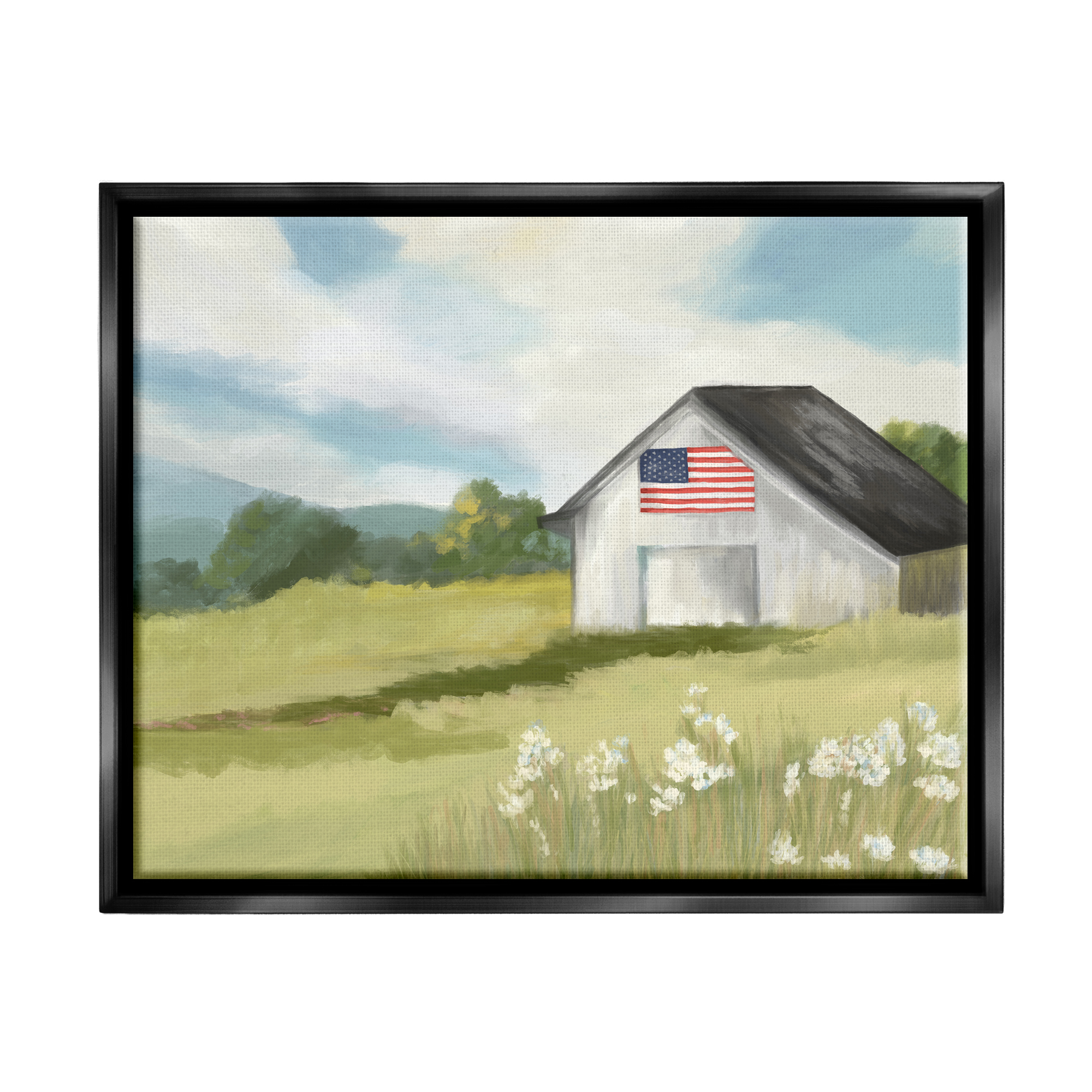 Stupell Industries American Flag on Barn Nature Painting Black Floater Framed Art Print Wall Art, 21 x 17
