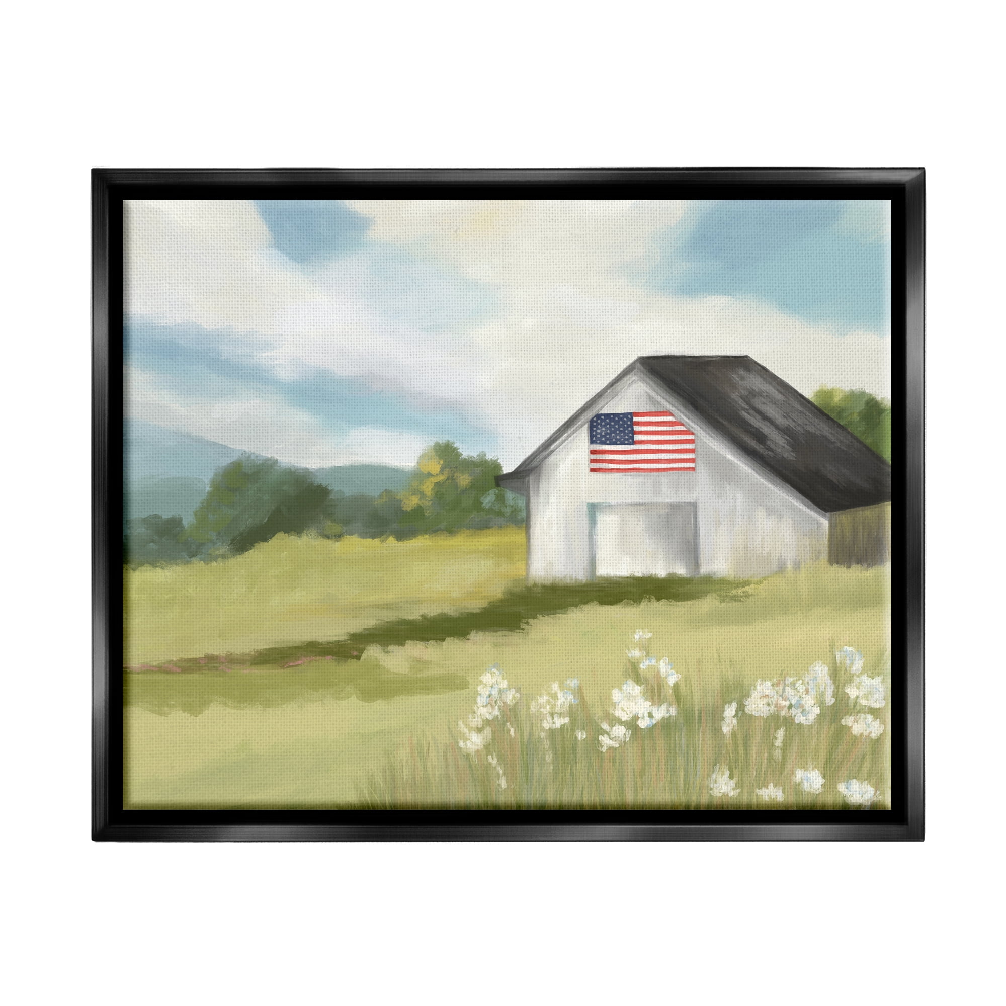 Stupell Industries American Flag on Barn Nature Painting Black Floater Framed Art Print Wall Art, 31 x 25