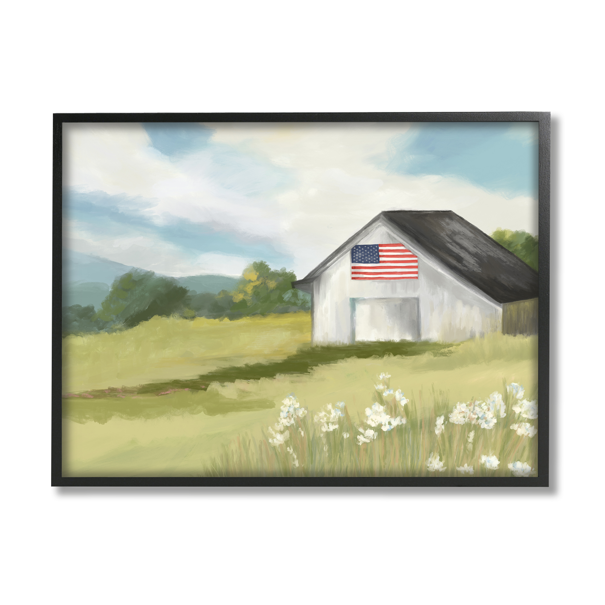 Stupell Industries American Flag on Barn Nature Painting Black Framed Art Print Wall Art, 20 x 16