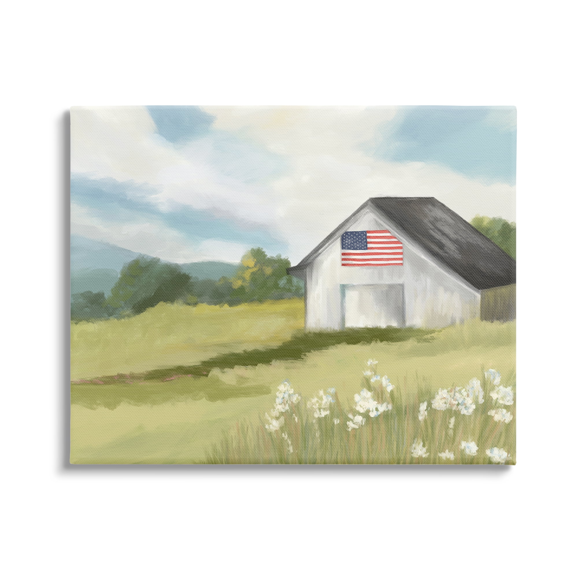 Stupell Industries American Flag on Barn Nature Painting Gallery Wrapped Canvas Print Wall Art, 20 x 16