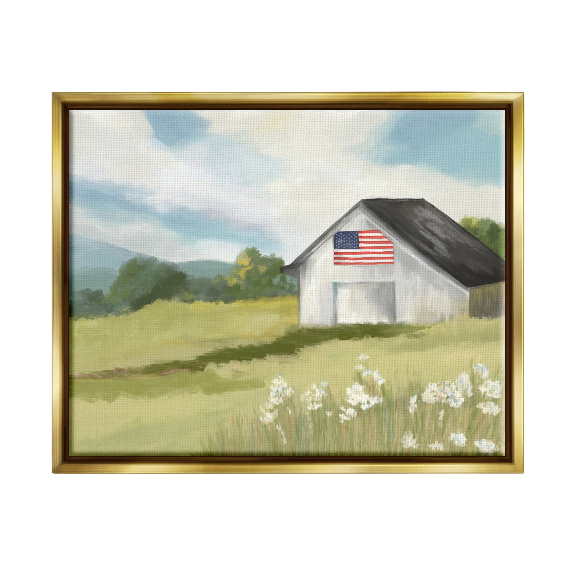 Stupell Industries American Flag on Barn Nature Painting Gold Floater Framed Art Print Wall Art, 31 x 25