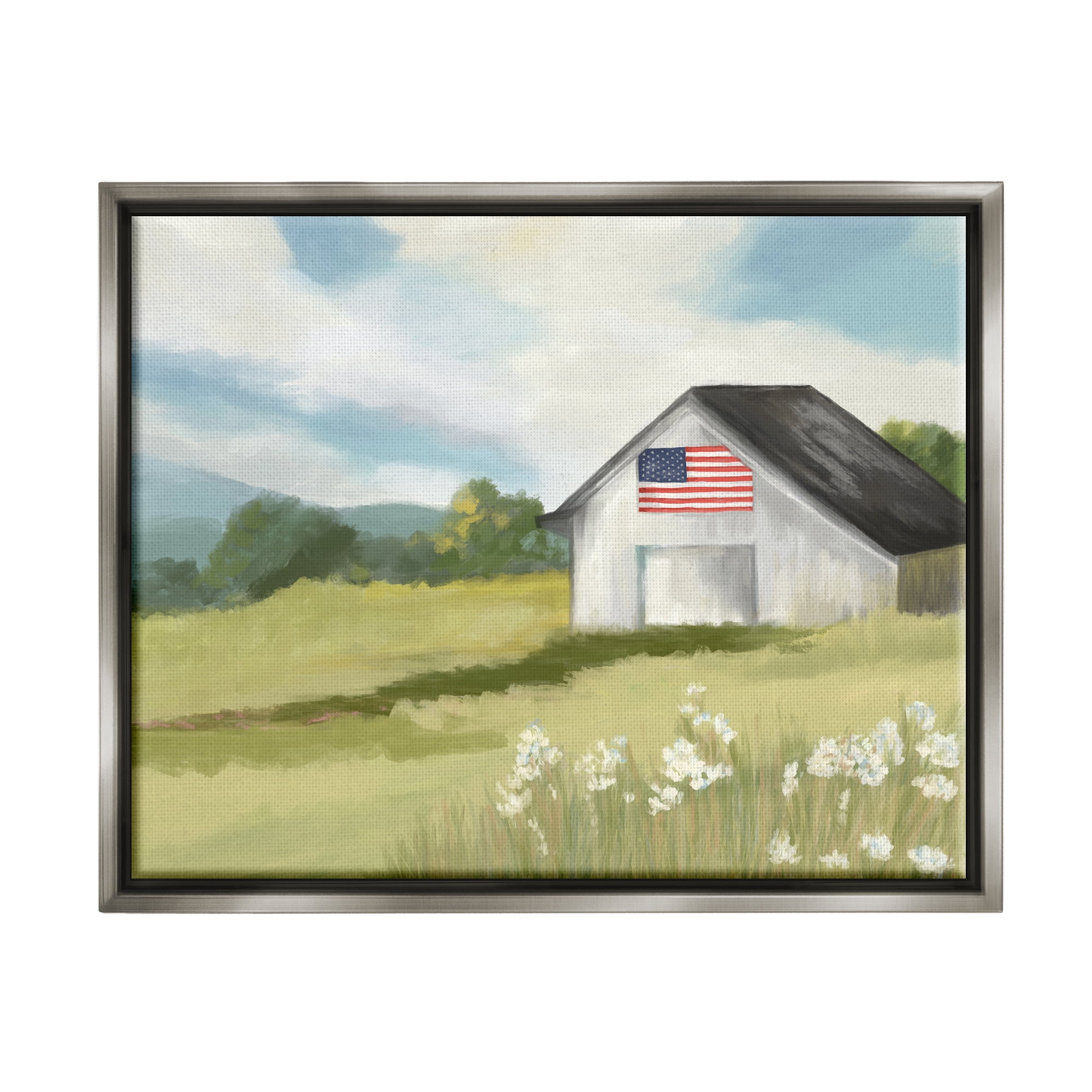 Stupell Industries American Flag on Barn Nature Painting Gray Floater Framed Art Print Wall Art, 31 x 25