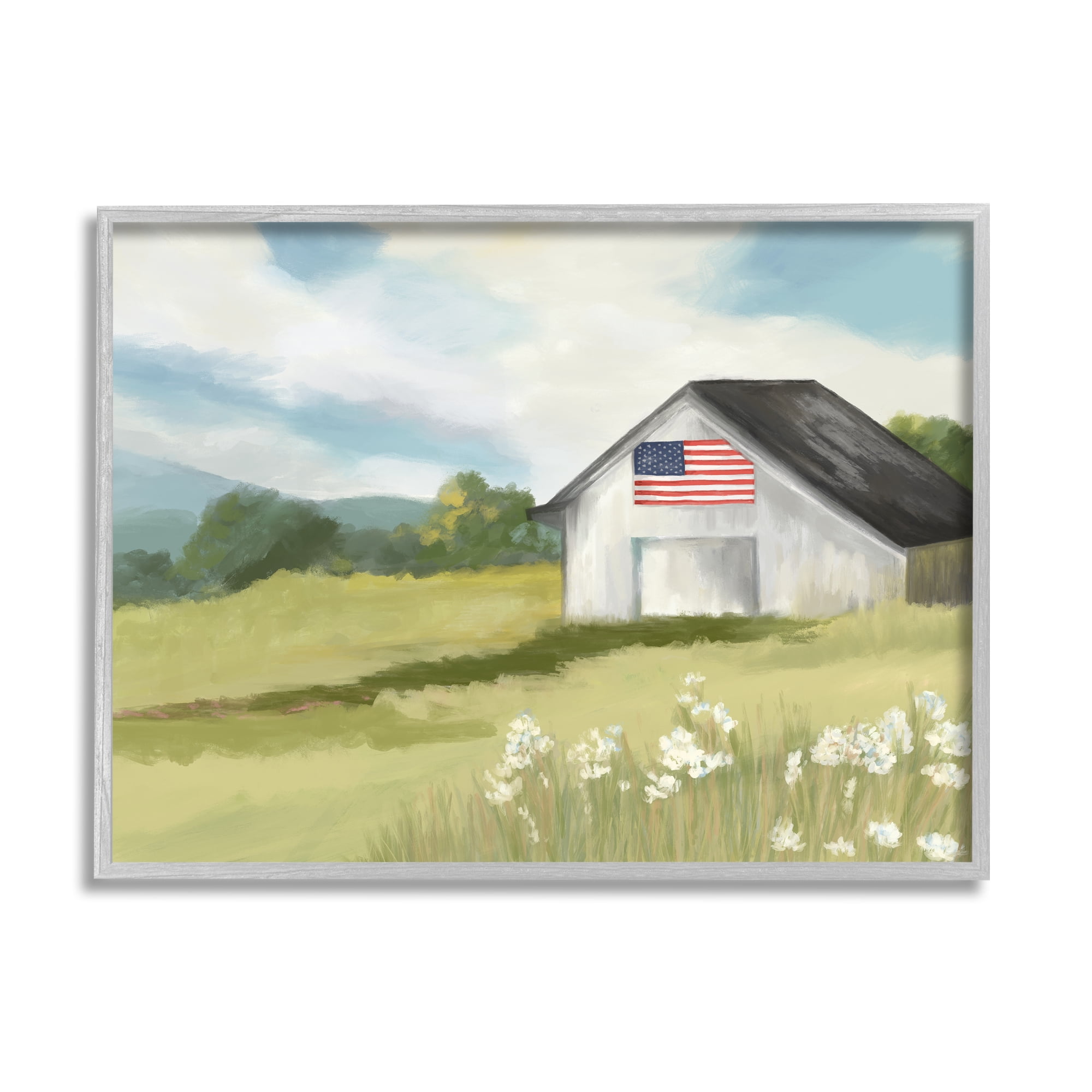 Stupell Industries American Flag on Barn Nature Painting Gray Framed Art Print Wall Art, 20 x 16