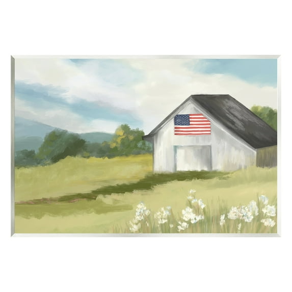 Stupell Industries American Flag on Barn Nature Painting Unframed Art Print Wall Art, 19 x 13