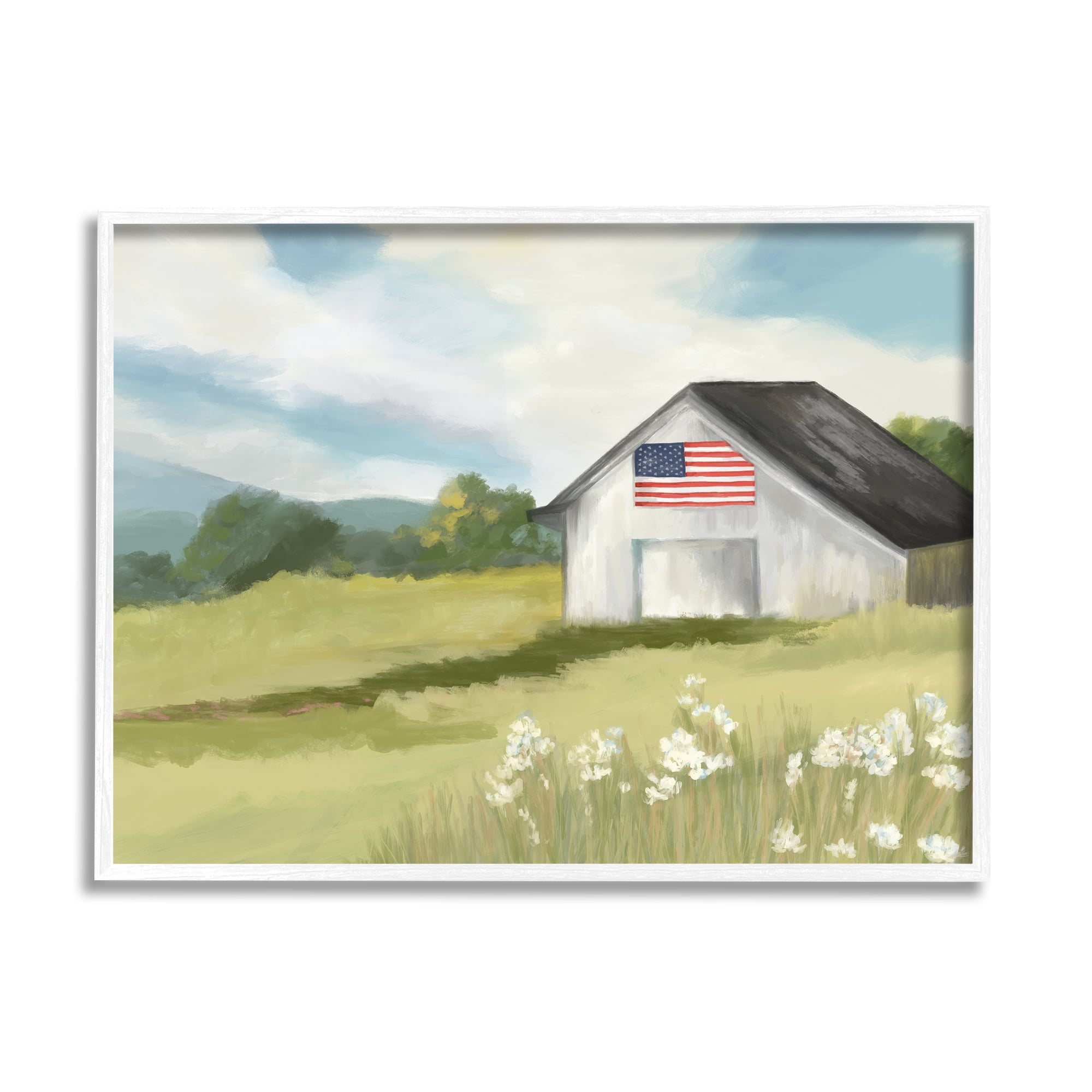 Stupell Industries American Flag on Barn Nature Painting White Framed Art Print Wall Art, 30 x 24