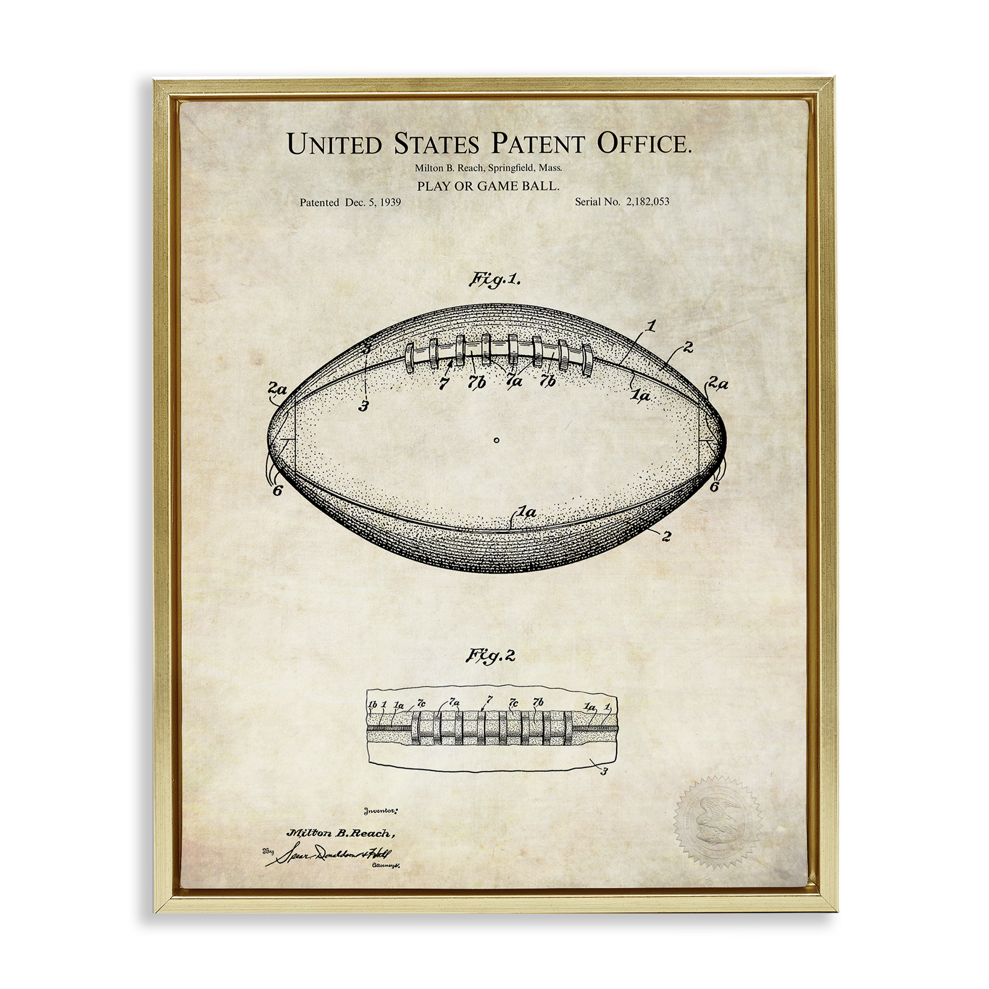 Stupell Industries American Football Sports Blueprint Sports Painting Gold Floater Framed Canvas Art Print Wall Art, 25 x 31