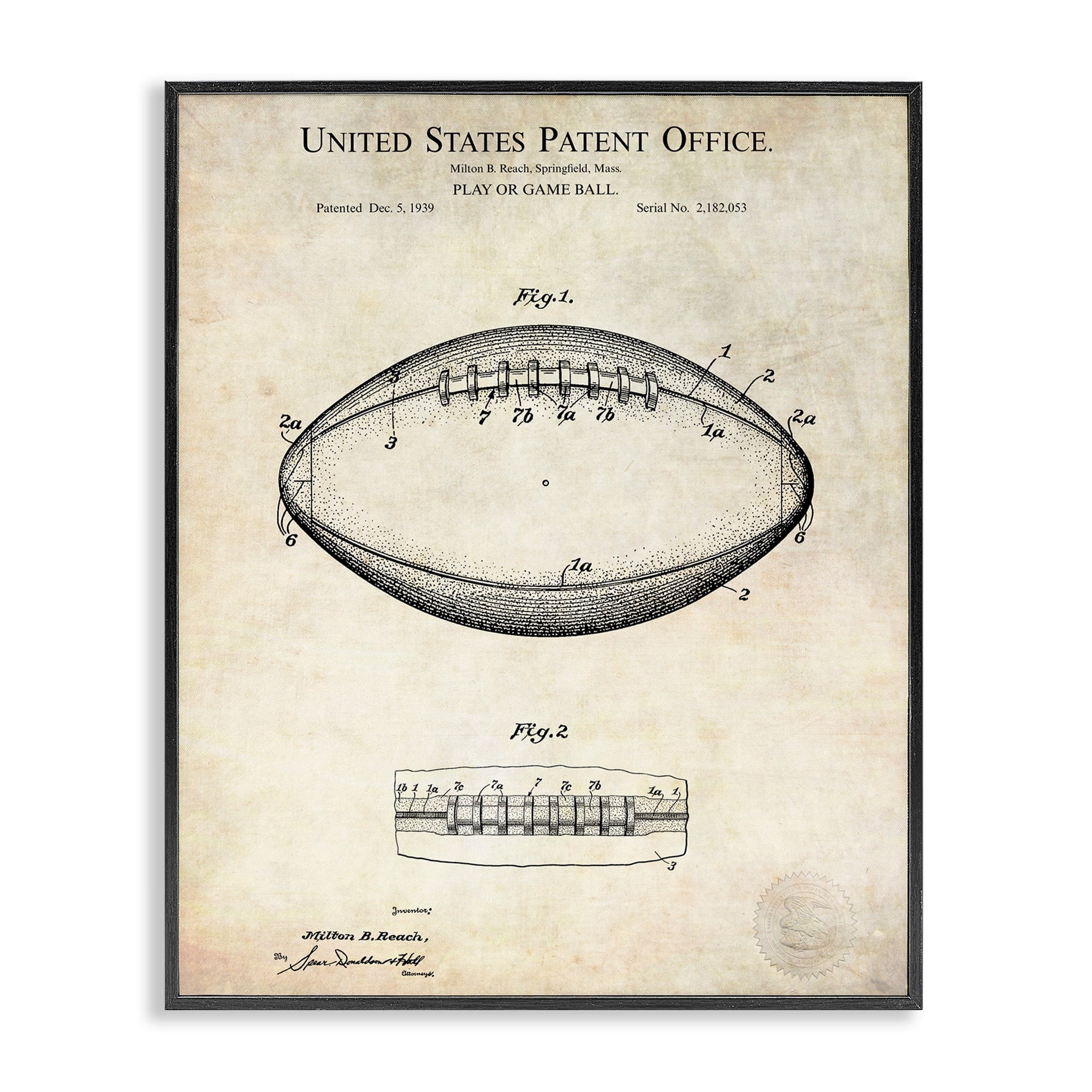 Stupell Industries American Football Sports Patent Diagram Blueprint Design Framed Wall Art, 24 x 30, Design by Karl Hronek