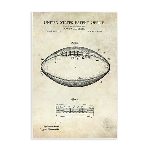 Stupell Industries American Football Sports Patent Diagram Blueprint Design Wood Wall Art, 10 x 15, Design by Karl Hronek