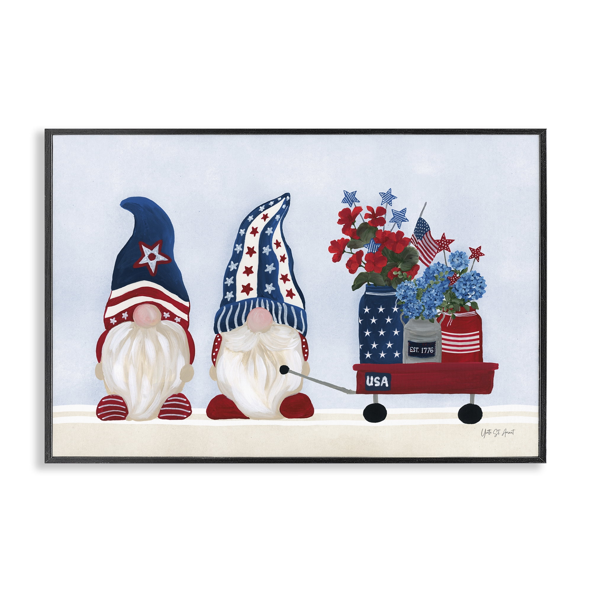 Stupell Industries American Gnome & Wagon Patriotic Painting Black Framed Art Print Wall Art, 18 x 12