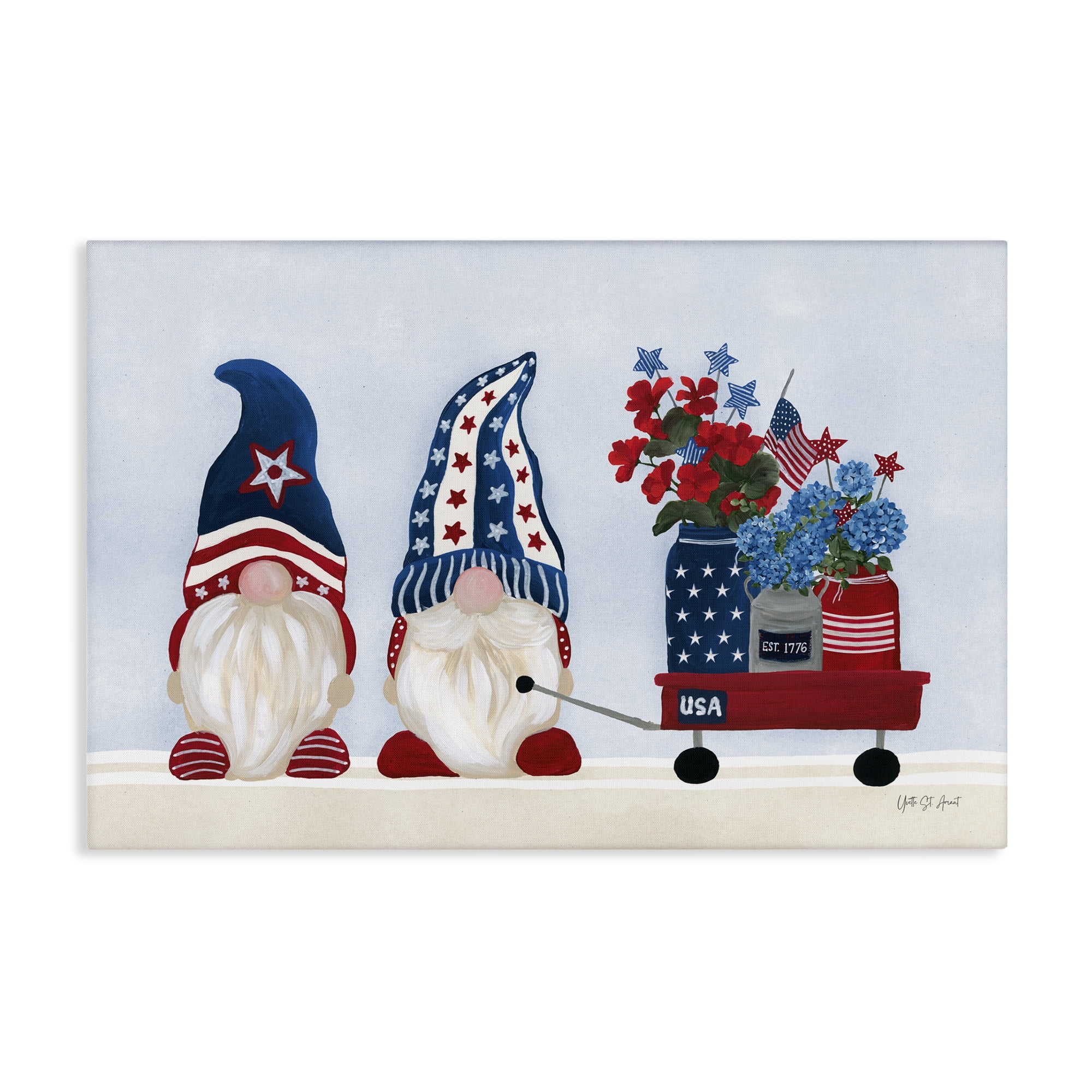 Stupell Industries American Gnome & Wagon Patriotic Painting Wrapped Canvas Art Print Wall Art, 24 x 16