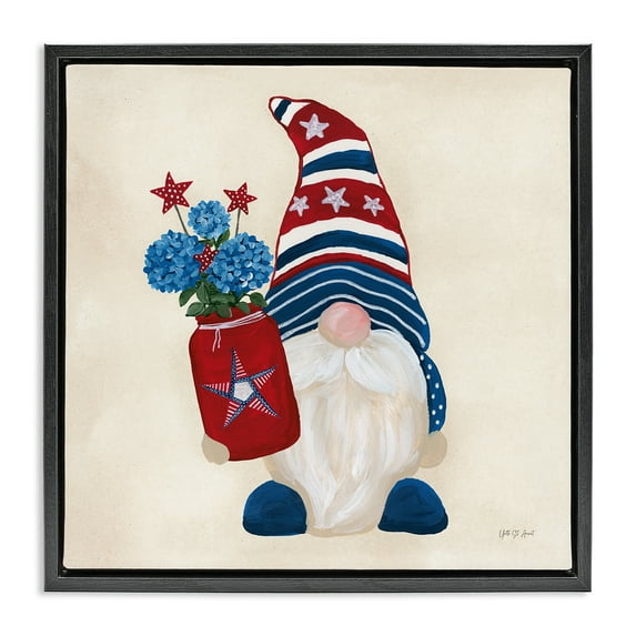 Stupell Industries American Gnome with Flowers Patriotic Painting Black Floater Framed Canvas Art Print Wall Art, 18 x 18