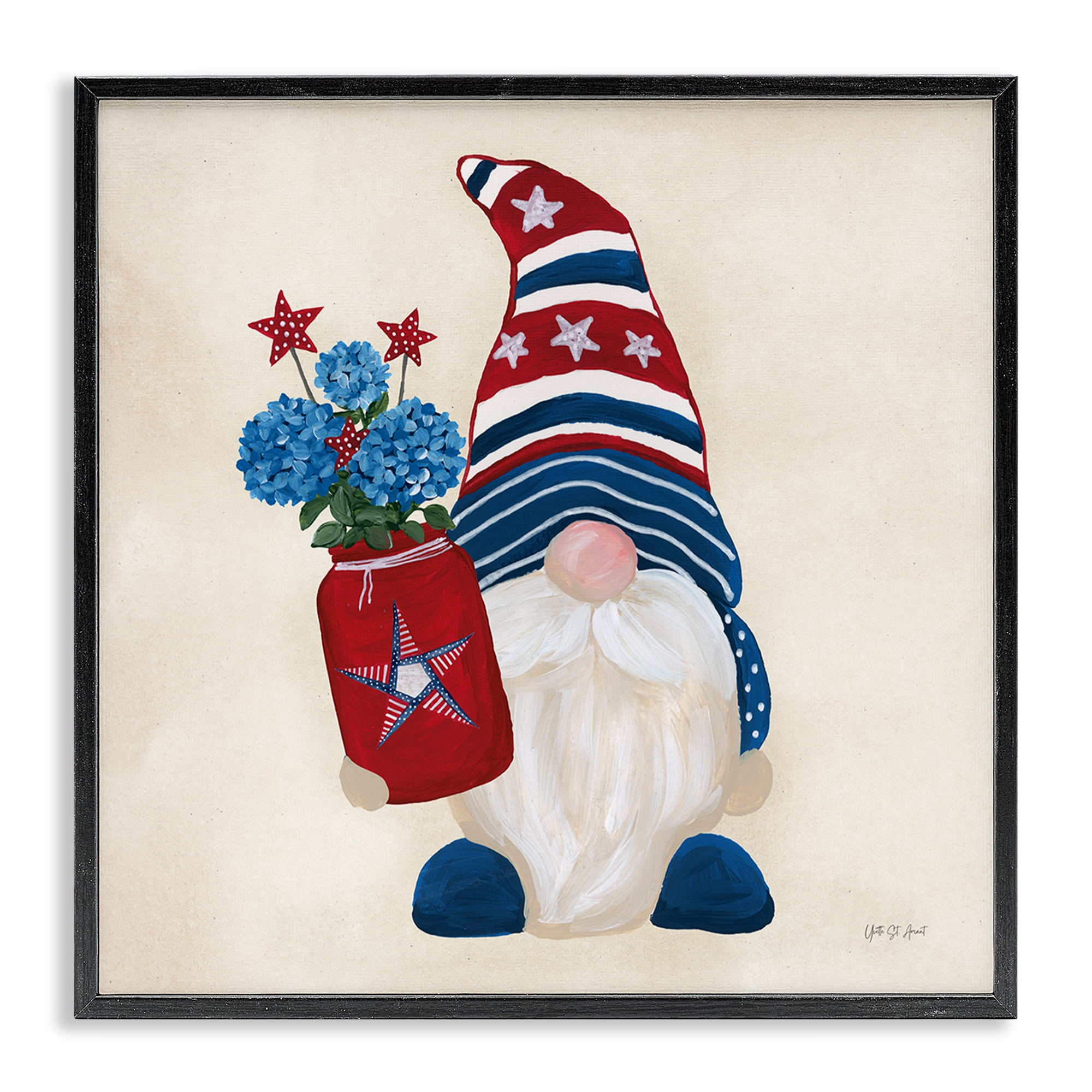 Stupell Industries American Gnome with Flowers Patriotic Painting Black Framed Art Print Wall Art, 17 x 17