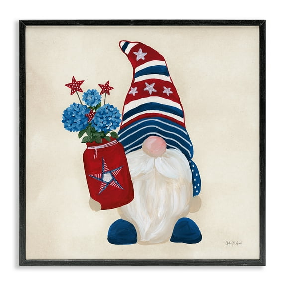 Stupell Industries American Gnome with Flowers Patriotic Painting Black Framed Art Print Wall Art, 17 x 17