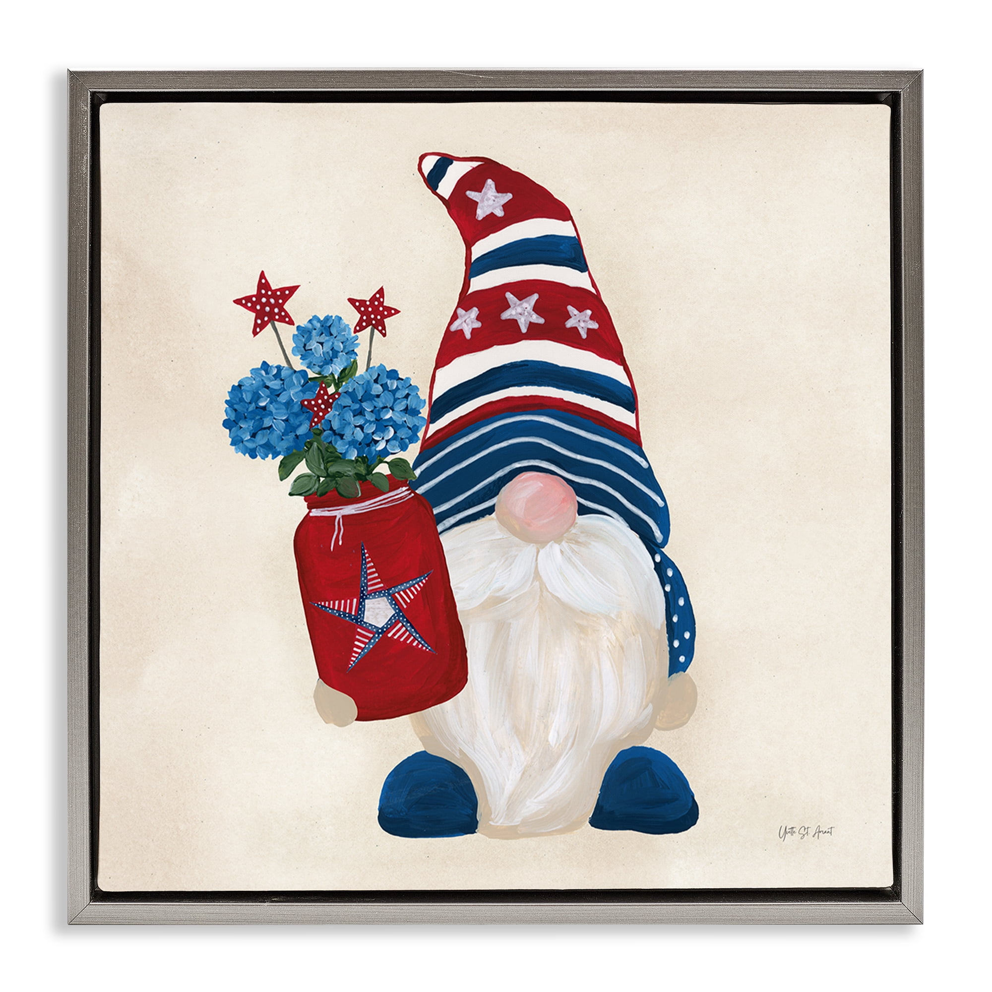 Stupell Industries American Gnome with Flowers Patriotic Painting Gray Floater Framed Canvas Art Print Wall Art, 18 x 18