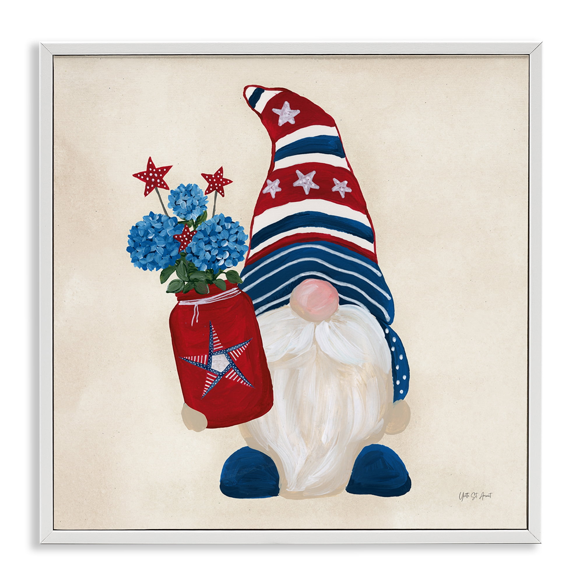 Stupell Industries American Gnome with Flowers Patriotic Painting White Framed Art Print Wall Art, 17 x 17