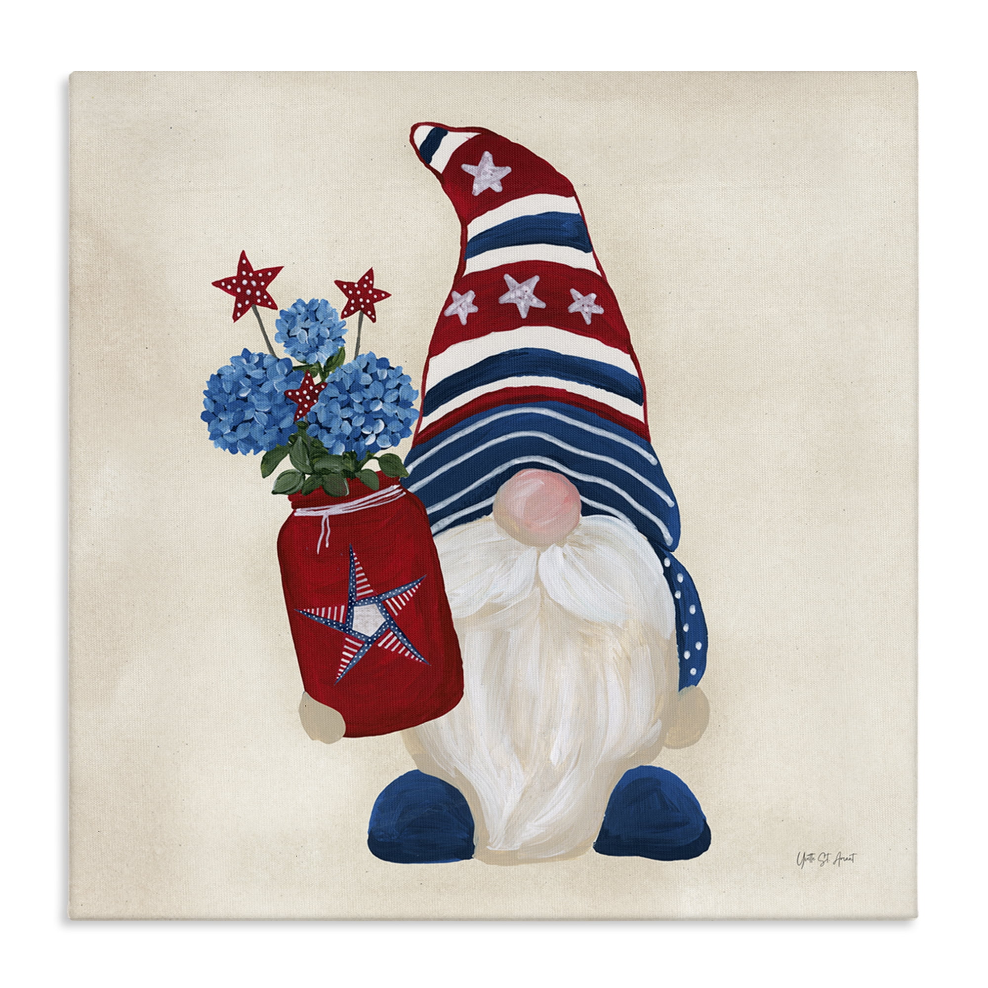 Stupell Industries American Gnome with Flowers Patriotic Painting Wrapped Canvas Art Print Wall Art, 17 x 17