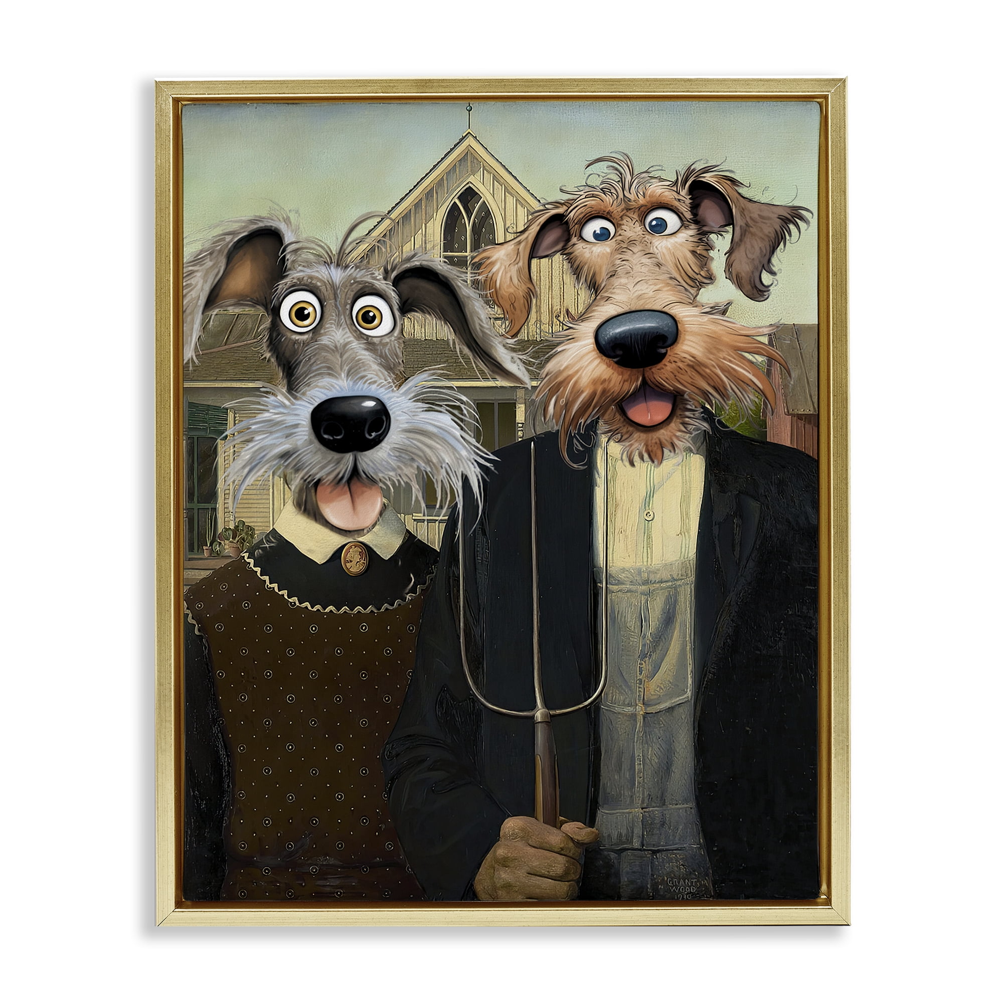 Stupell Industries American Gothic Pups Gold Framed Floater Canvas Wall Art, design by Tina LeCour