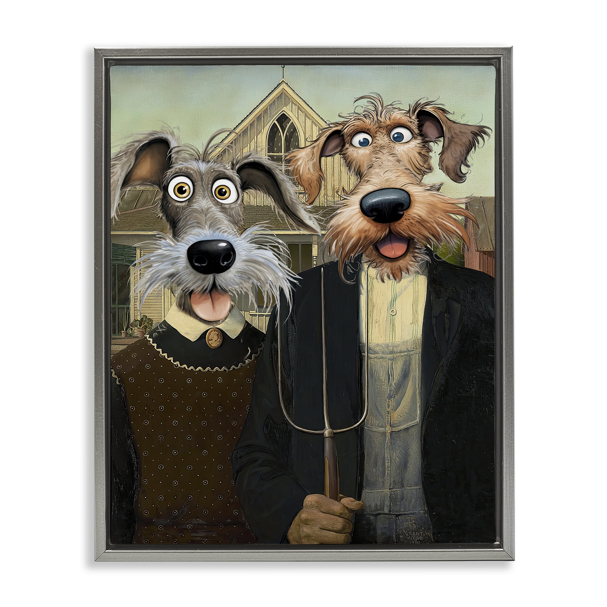 Stupell Industries American Gothic Pups Gray Framed Floater Canvas Wall Art, design by Tina LeCour