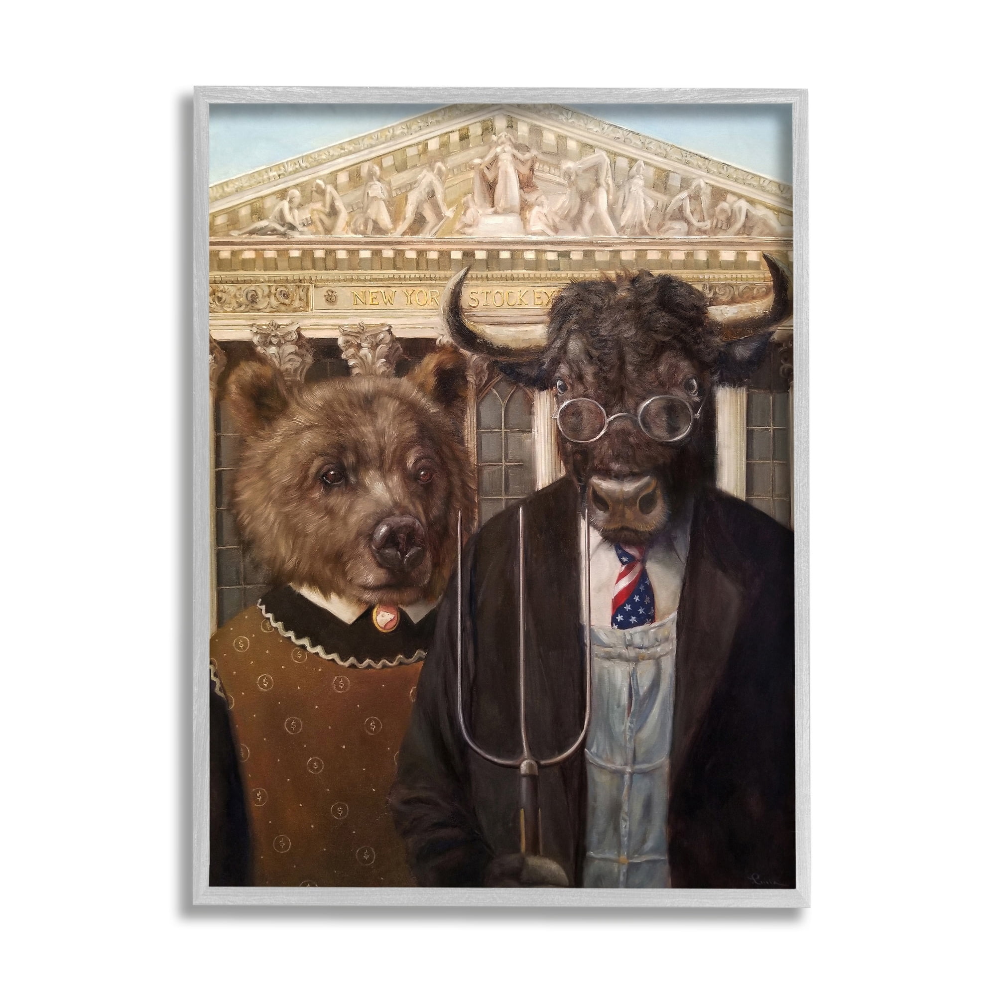 Stupell Industries American Gothic Stock Market Bull Bear Parody Gray Framed by Lucia Heffernan