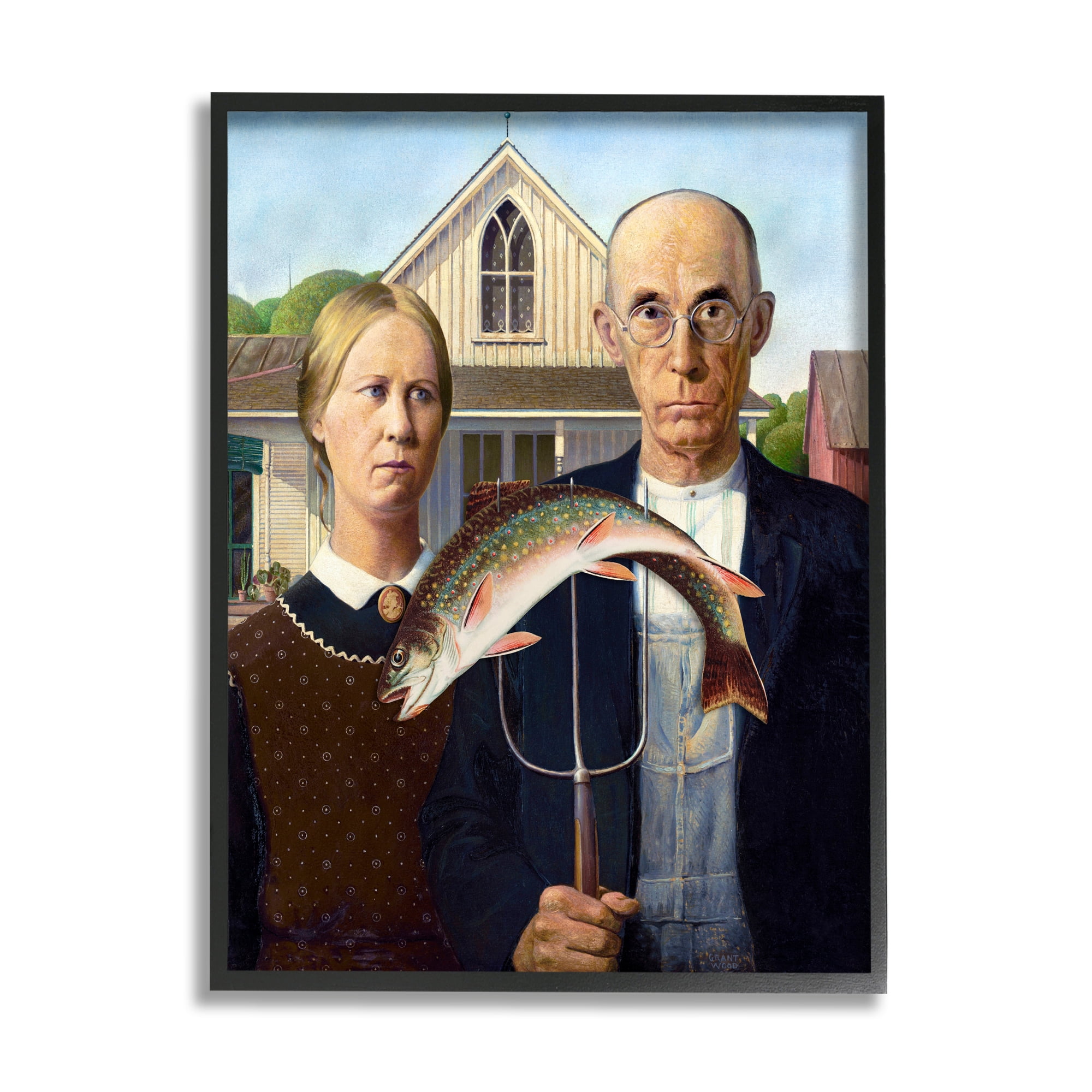 Stupell Industries American Gothic with Fish Animals & Insects Painting Black Framed Art Print Wall Art, 24 x 30