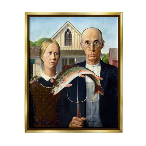 Stupell Industries American Gothic with Fish Animals & Insects Painting Gold Floater Framed Art Print Wall Art, 25 x 31