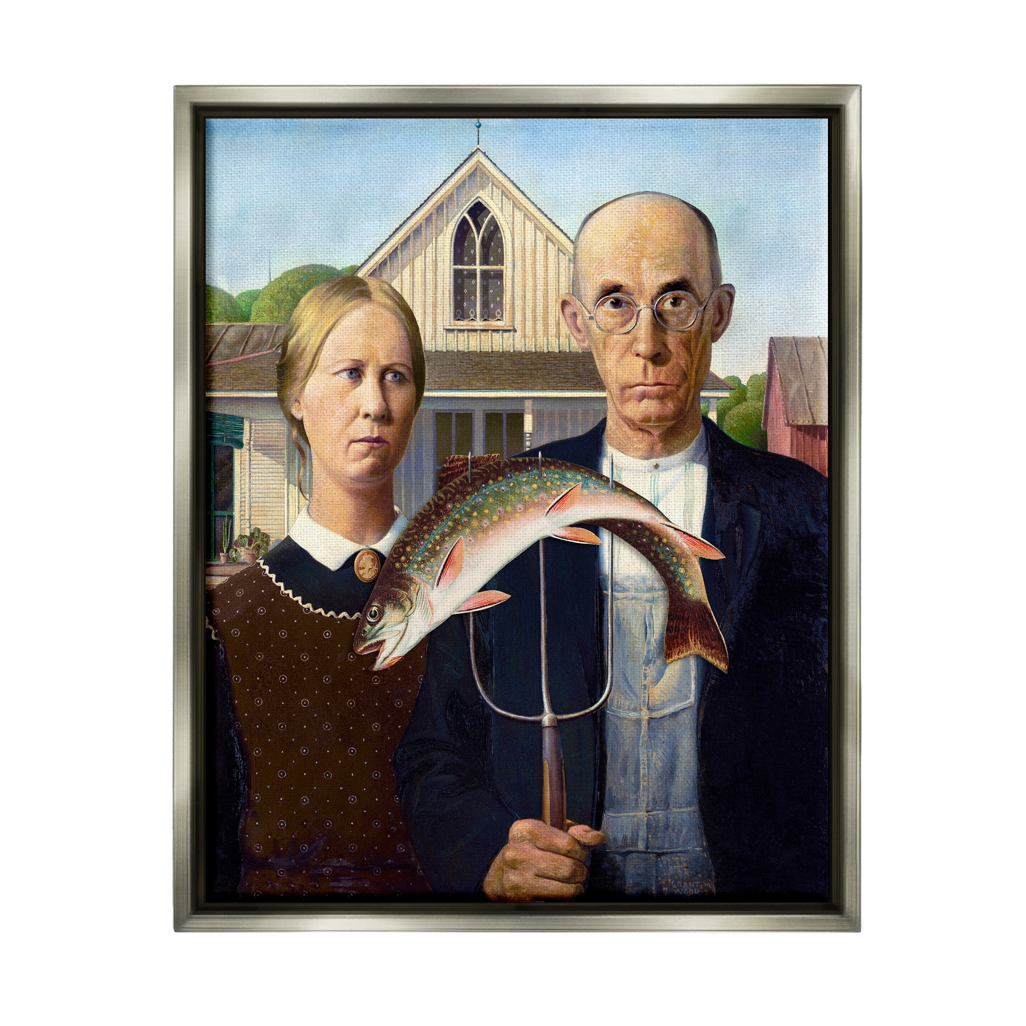 Stupell Industries American Gothic with Fish Animals & Insects Painting Gray Floater Framed Art Print Wall Art, 25 x 31
