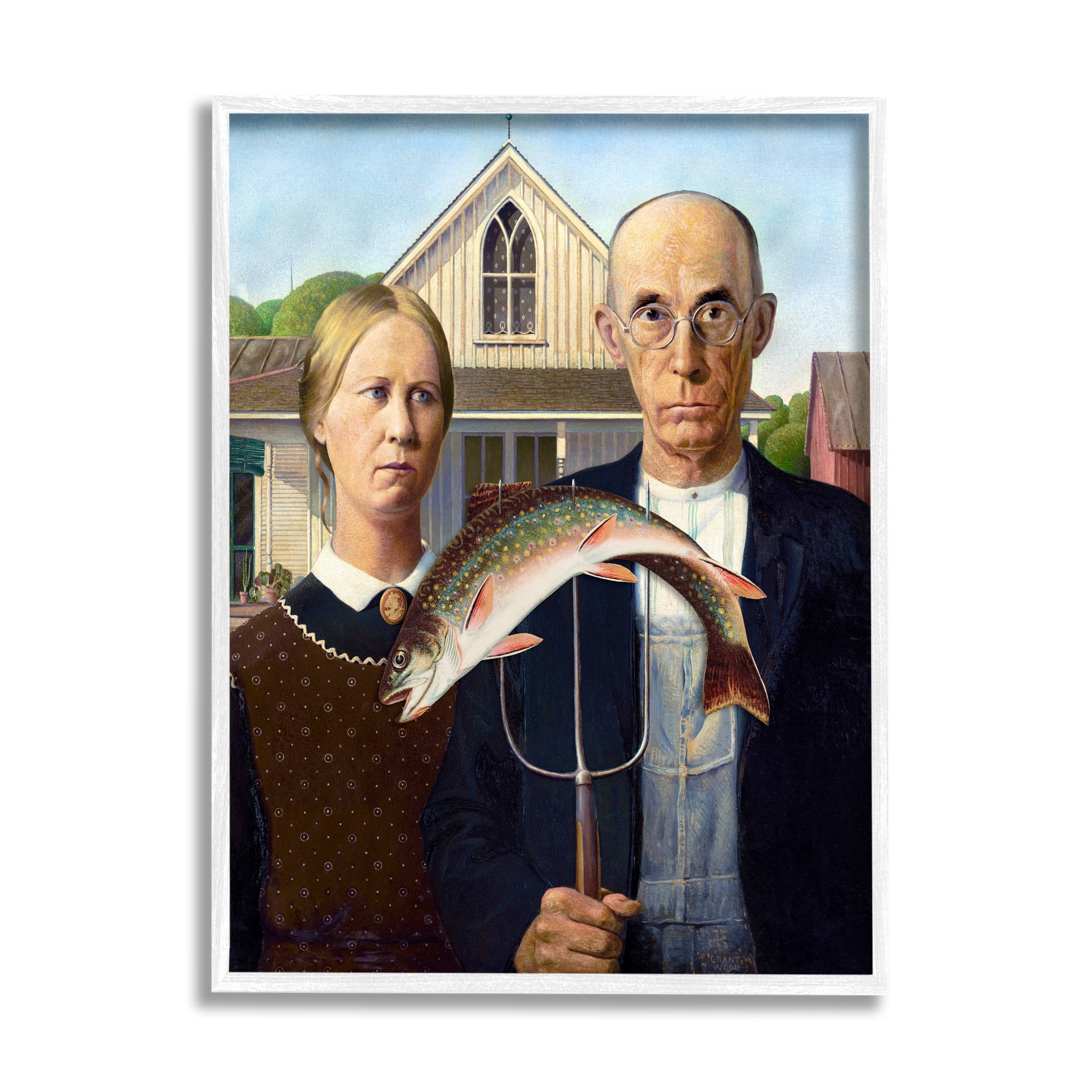 Stupell Industries American Gothic with Fish Animals & Insects Painting White Framed Art Print Wall Art, 24 x 30