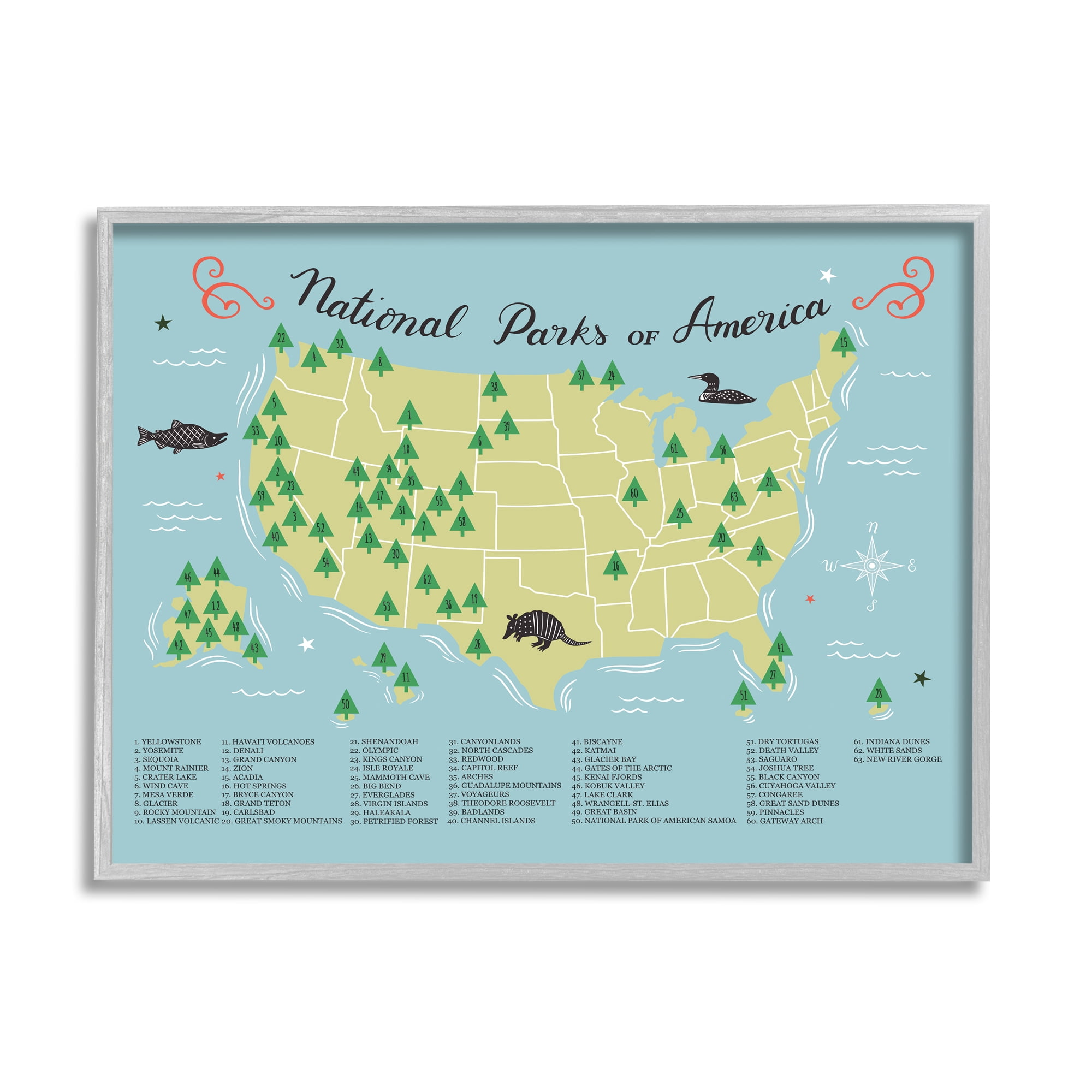 Stupell Industries American National Parks Detailed Informative Map Diagram Framed Wall Art, 14 x 11, Design by Michael Buxton