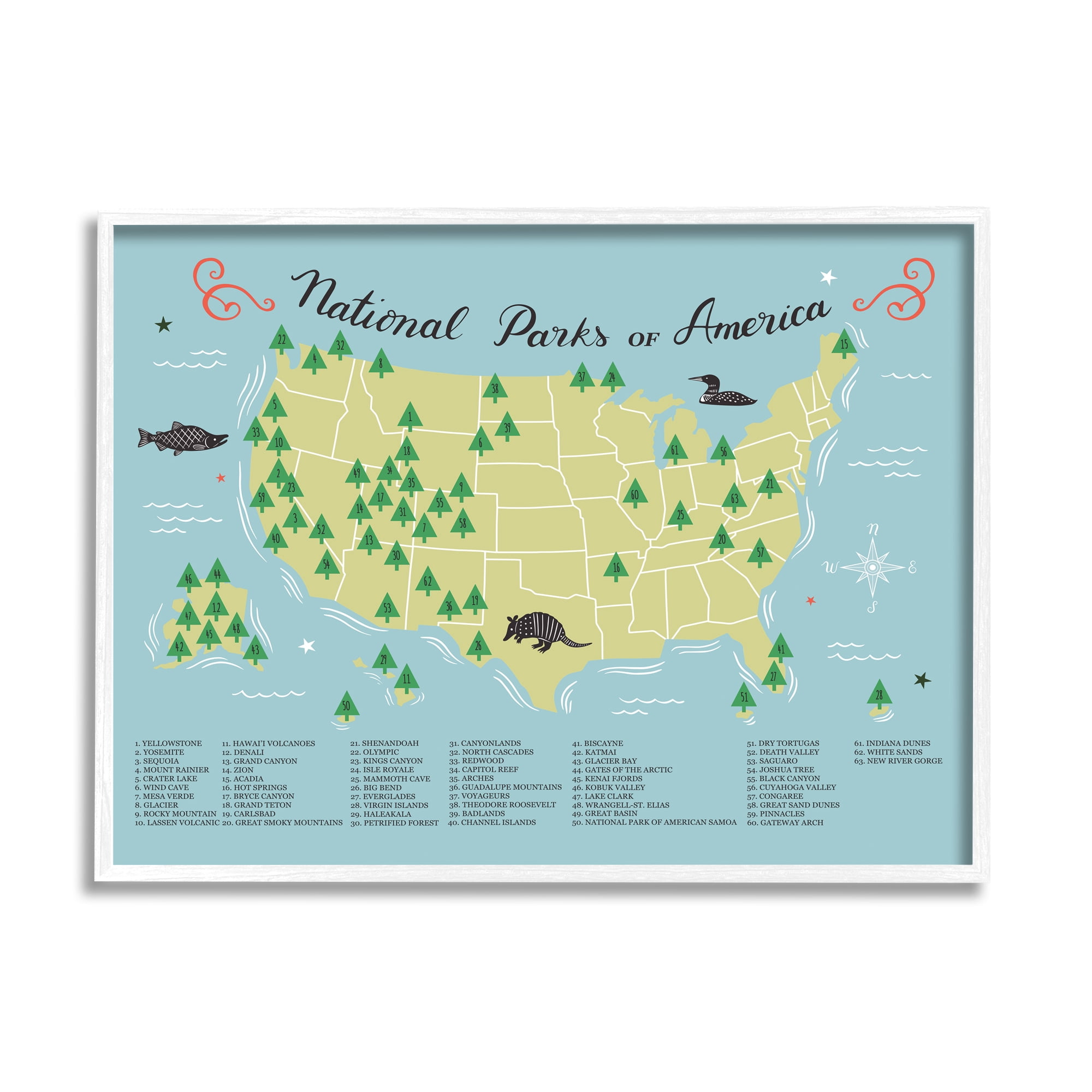 Stupell Industries American National Parks Detailed Informative Map Diagram Framed Wall Art, 30 x 24, Design by Michael Buxton