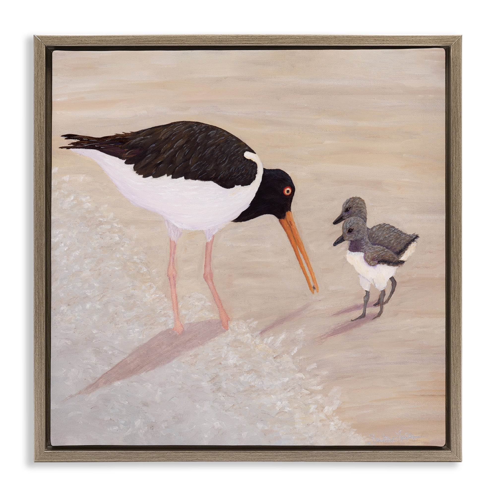 Stupell Industries American Oyster Catcher & Chicks Brown Framed Floater Canvas Wall Art, design by Barbara Fallenbaum